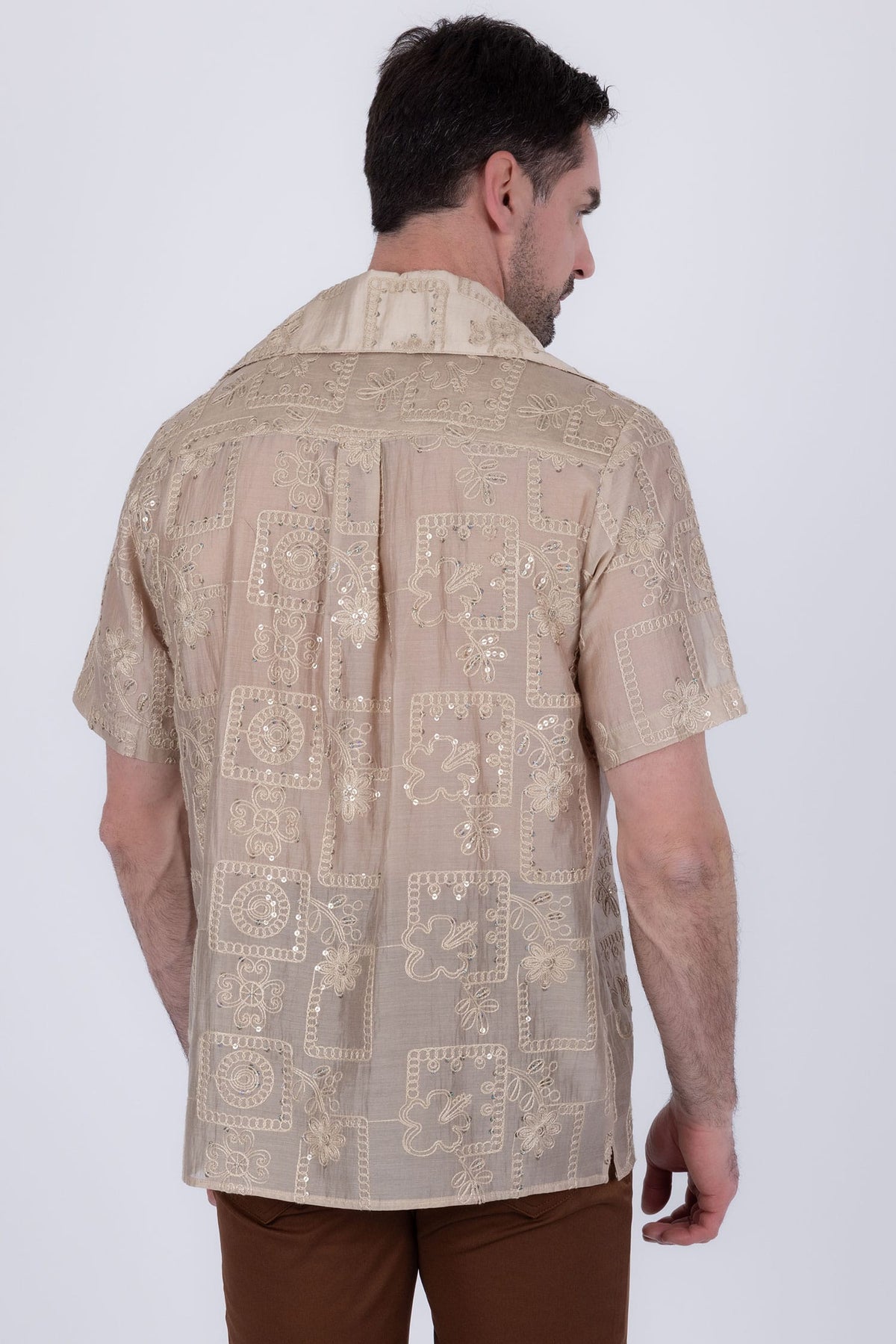 Barabas Men's Cuban Collared See-Through Short Sleeve Shirt 6CCS01 Brown