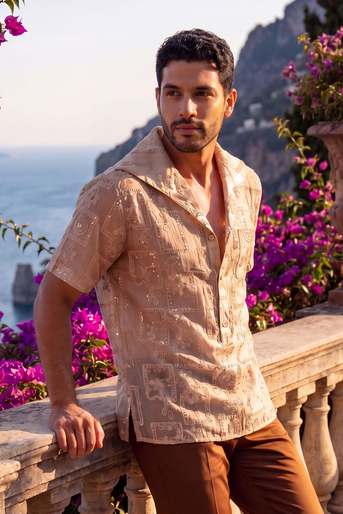 Barabas Men's Cuban Collared See-Through Short Sleeve Shirt 6CCS01 Tan