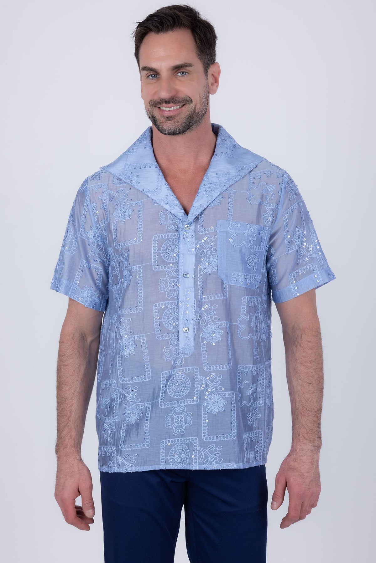 Barabas Men's Cuban Collared See-Through Short Sleeve Shirt 6CCS01 Blue