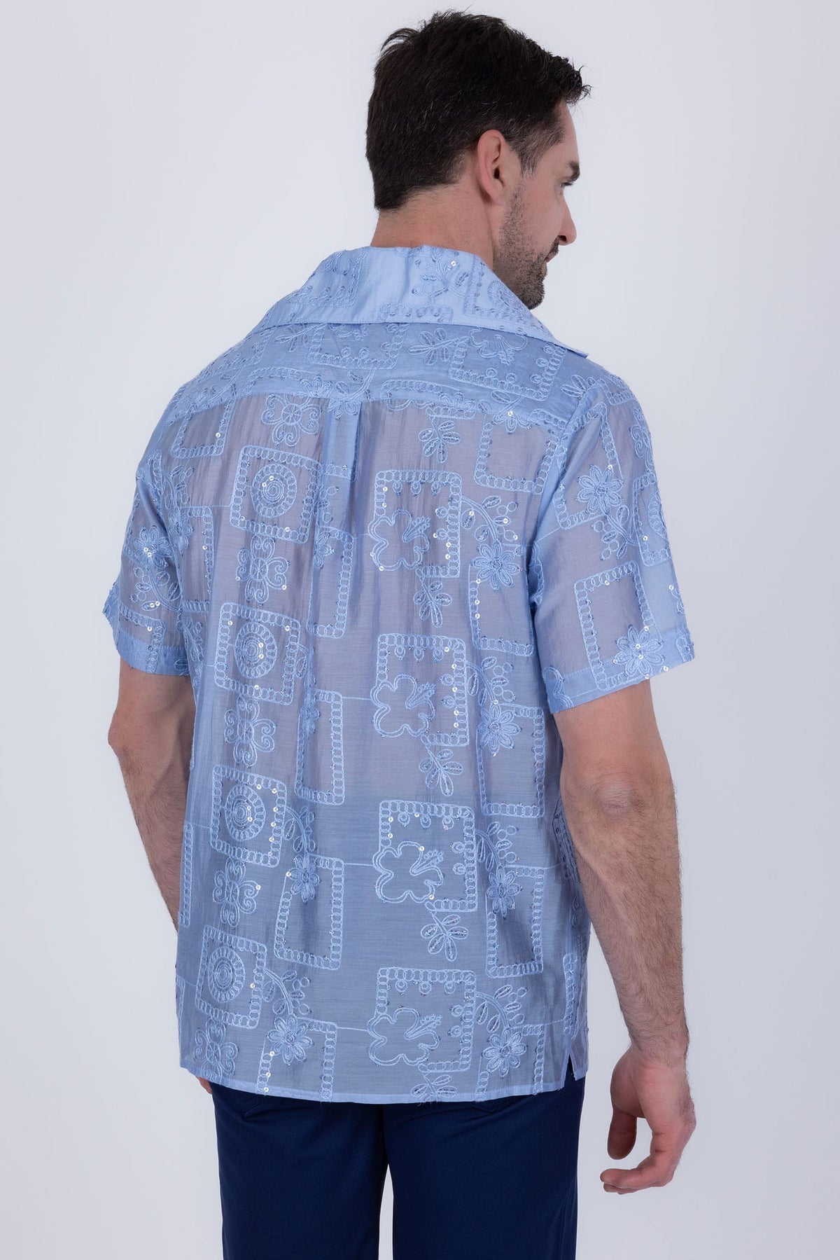 Barabas Men's Cuban Collared See-Through Short Sleeve Shirt 6CCS01 Sky Blue