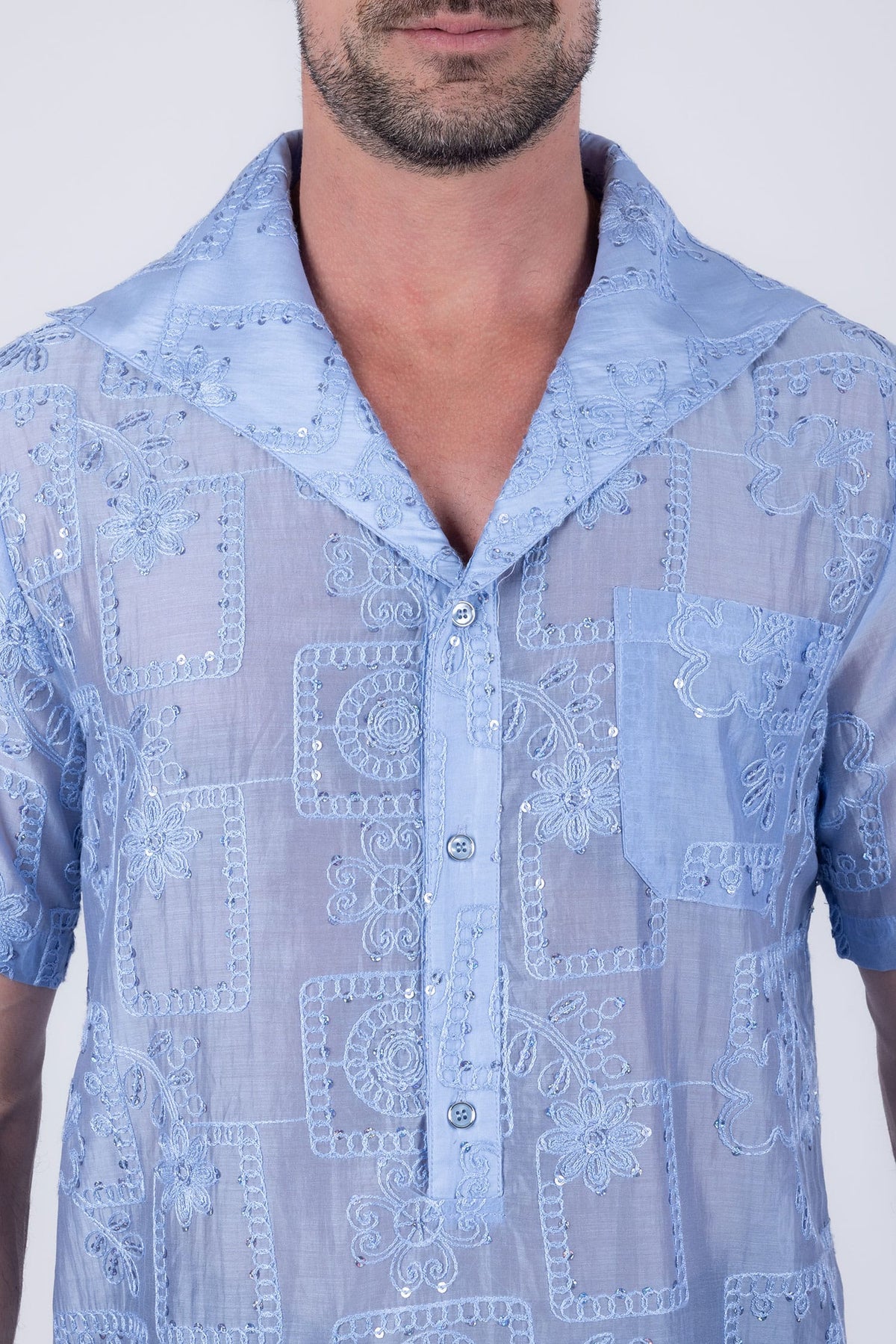 Barabas Men's Cuban Collared See-Through Short Sleeve Shirt 6CCS01 Navy