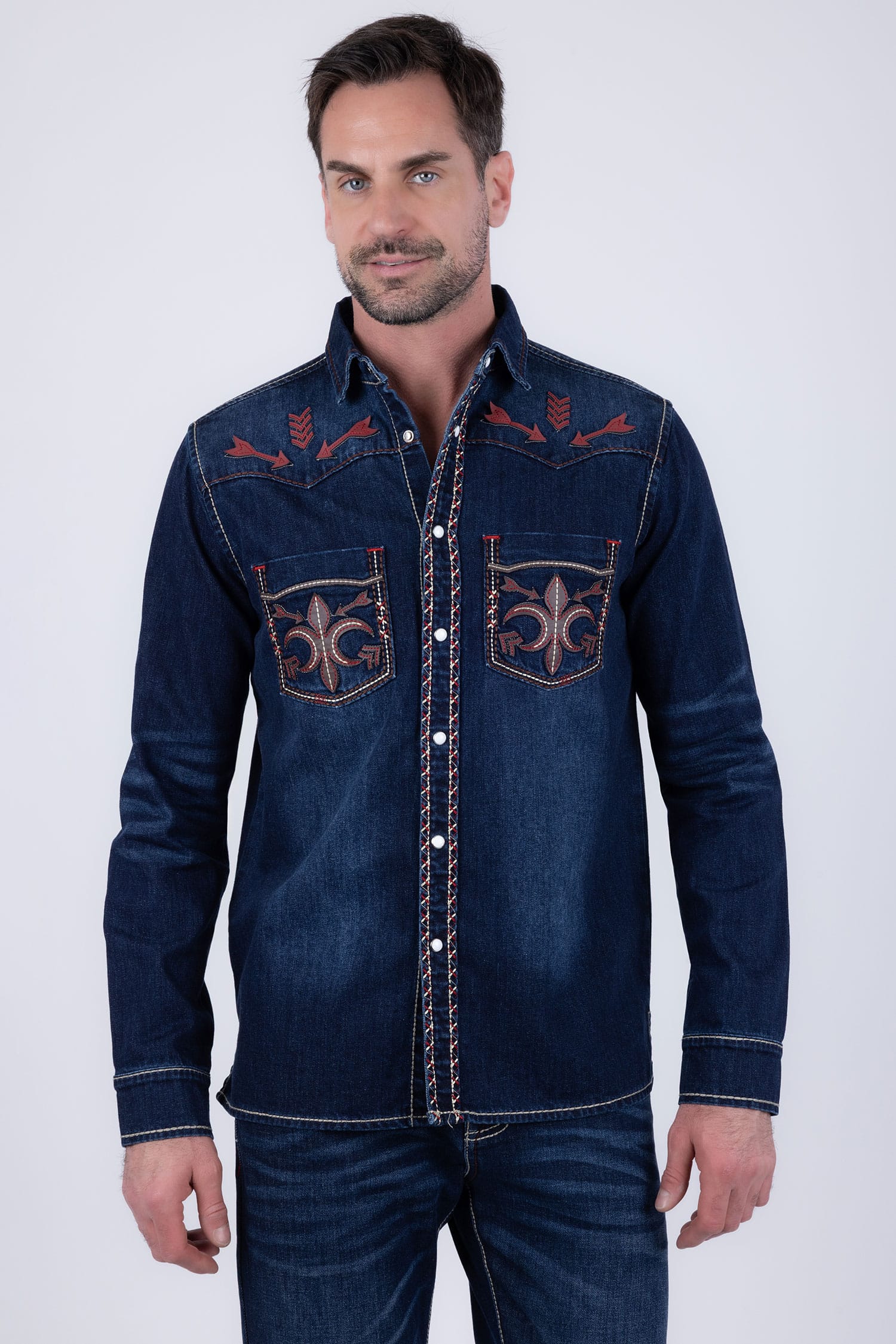 Men's Fleur Embroidered Western Long-Sleeve Shirt | BARABAS 6DWS01 Blue