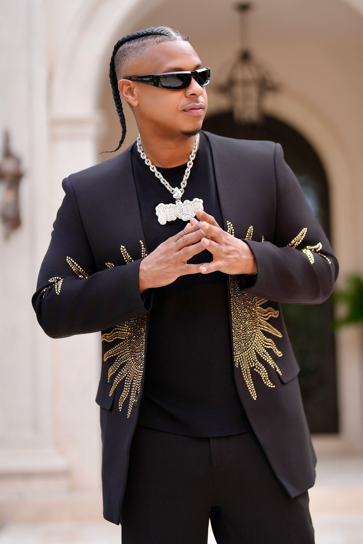 Barabas Men's Rhinestones Sun Rays Collarless Casual Blazer 6EBL03 Black Gold