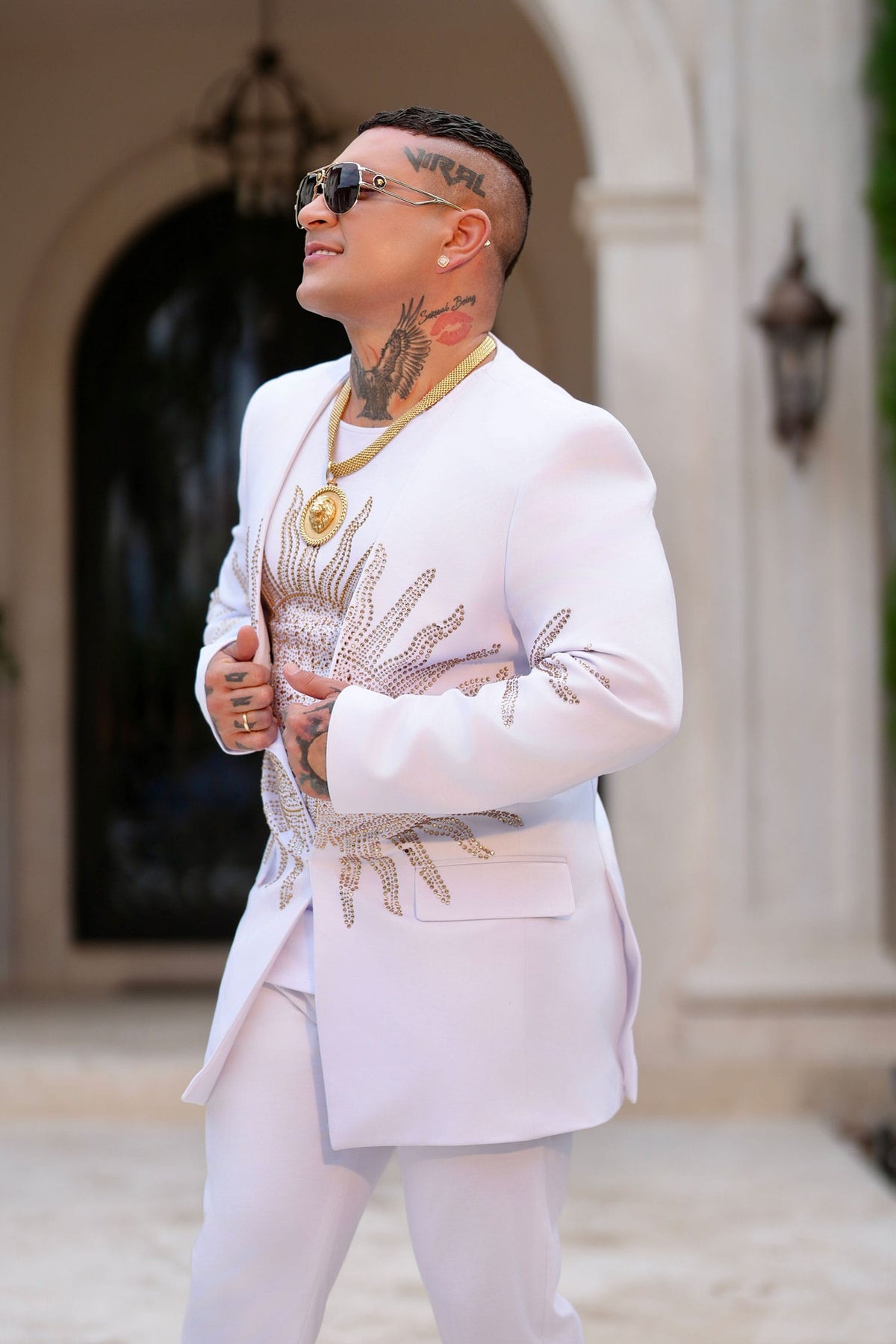 Barabas Men's Rhinestones Sun Rays Collarless Casual Blazer 6EBL03 White Gold