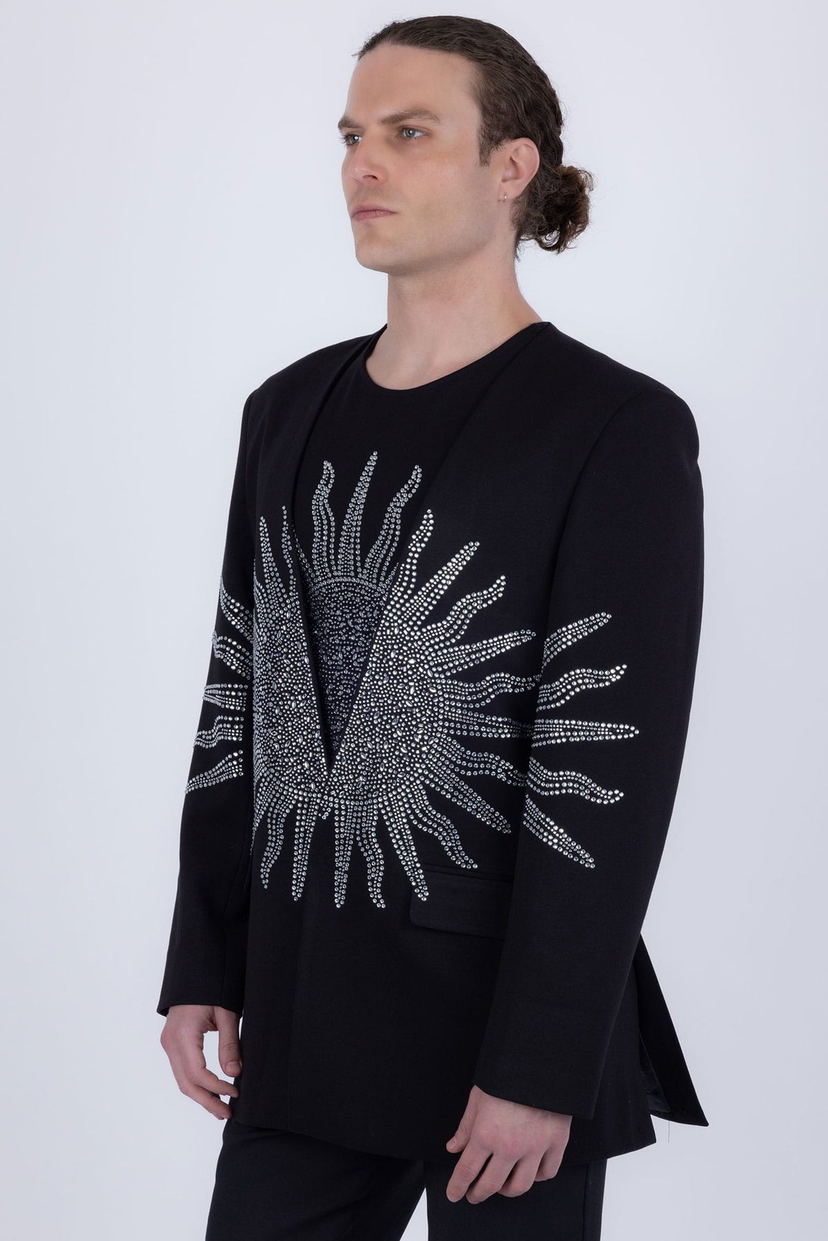 Barabas Men's Rhinestones Sun Rays Collarless Casual Blazer 6EBL03 Black Silver