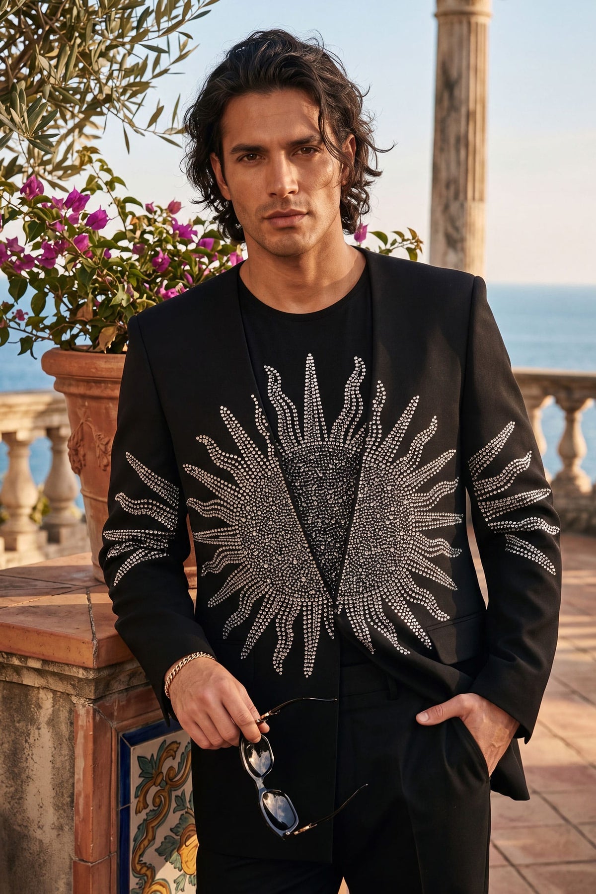 Barabas Men's Rhinestones Sun Rays Collarless Casual Blazer 6EBL03 Black Silver