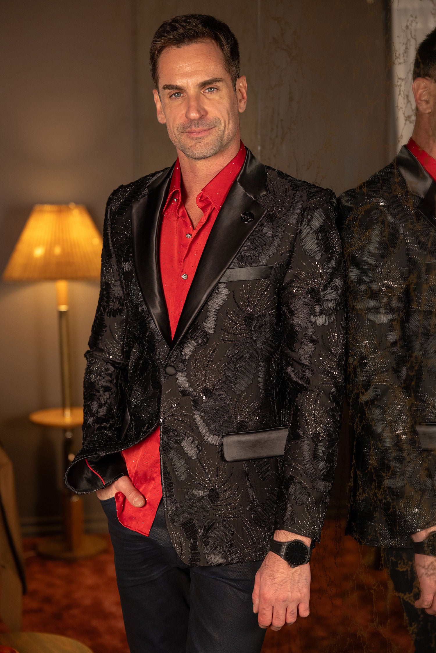 Barabas Men's Sequins Geometric Design Notch Lapel Blazer 6EBL04 Black