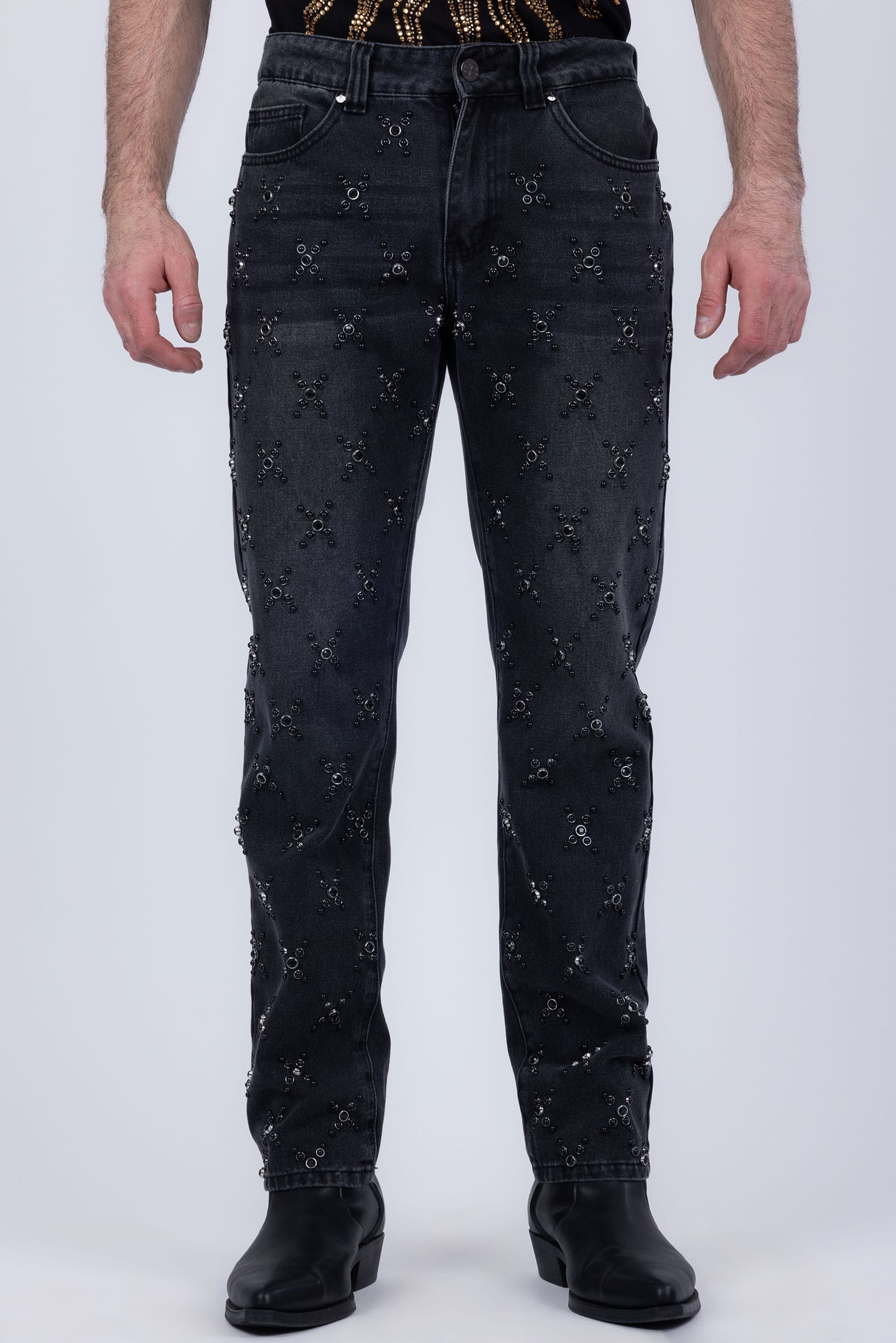 Barabas Men's Sparkly Rhinestone Stud Design Denim Jeans 6ED01 Black