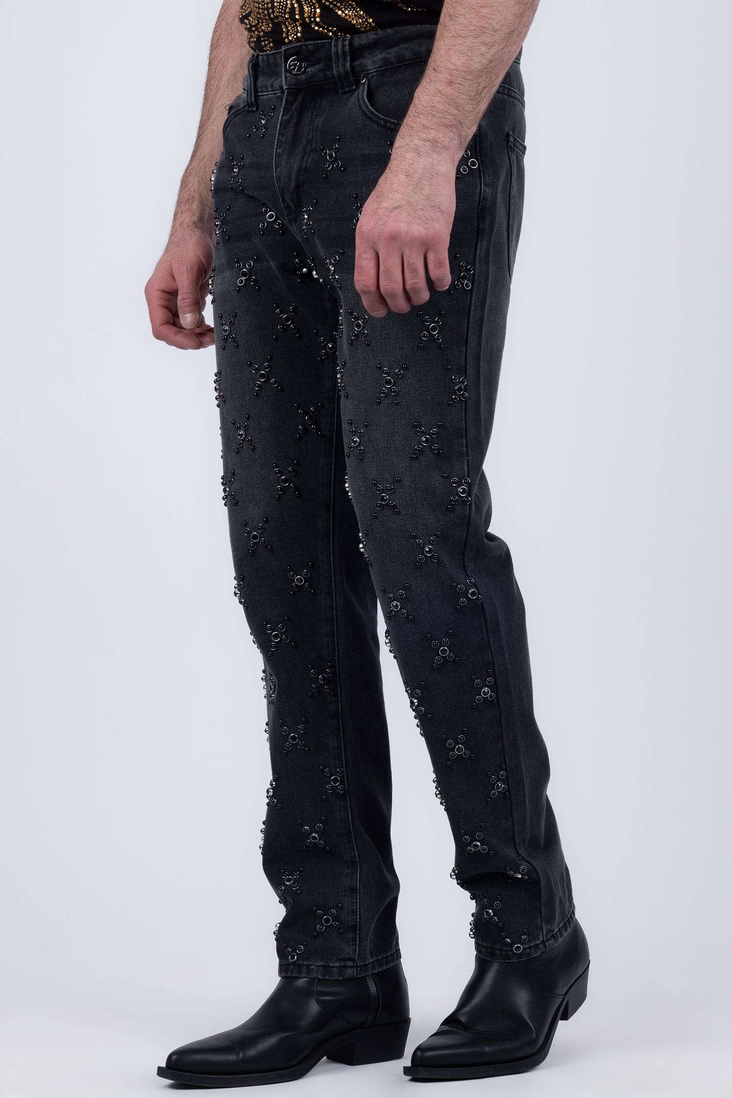 Barabas Men's Sparkly Rhinestone Stud Design Denim Jeans 6ED01 Black