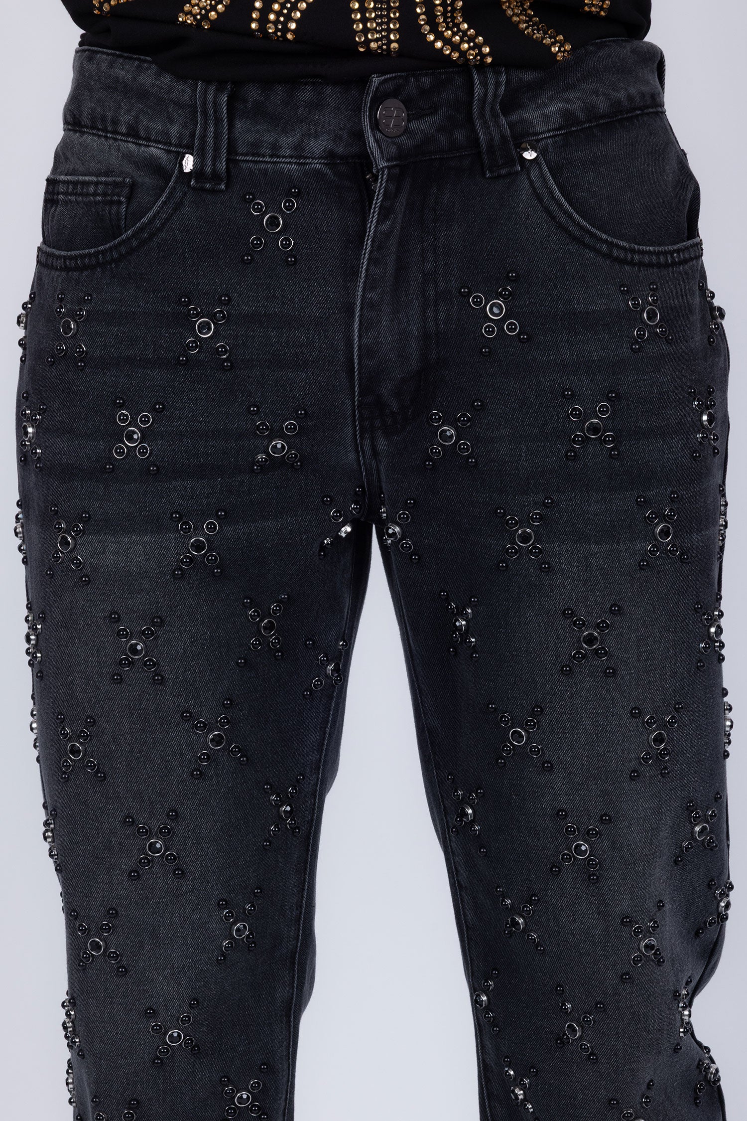 Barabas Men's Sparkly Rhinestone Stud Design Denim Jeans 6ED01 Charcoal