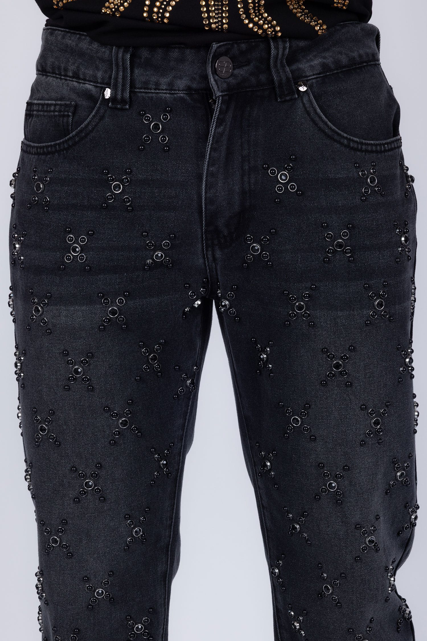 Barabas Men's Sparkly Rhinestone Stud Design Denim Jeans 6ED01 Charcoal