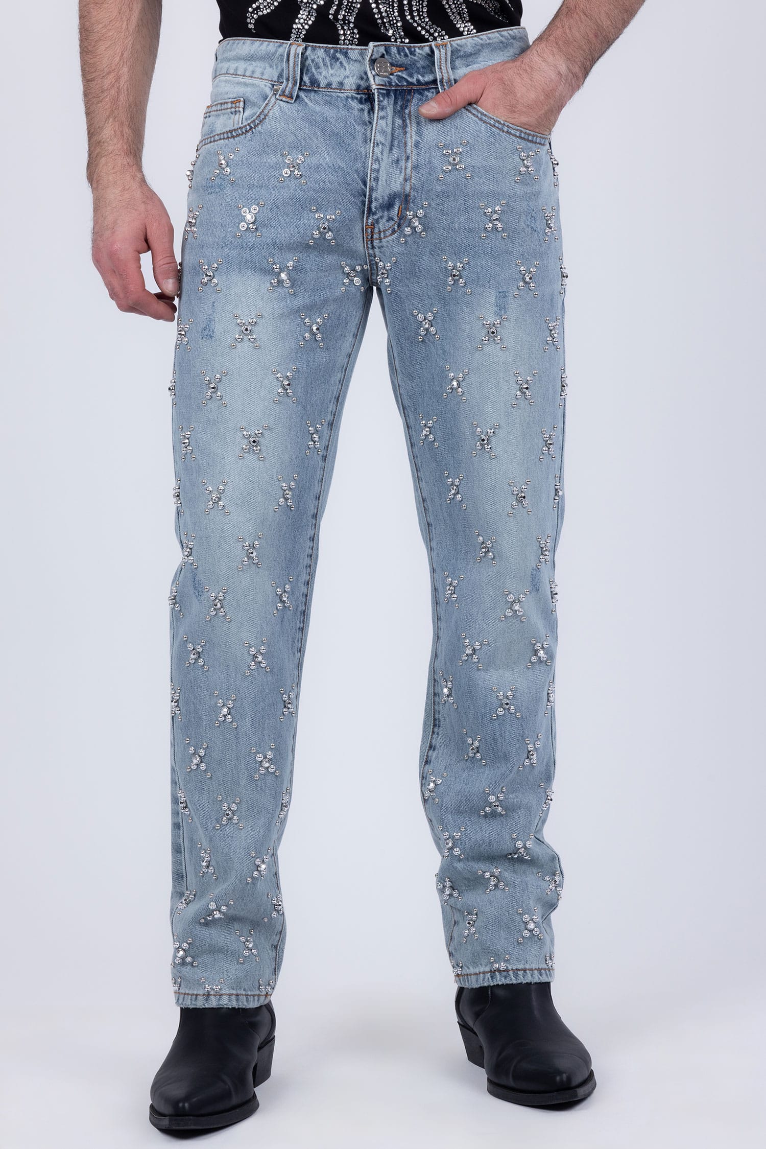 Barabas Men's Sparkly Rhinestone Stud Design Denim Jeans 6ED01 Blue