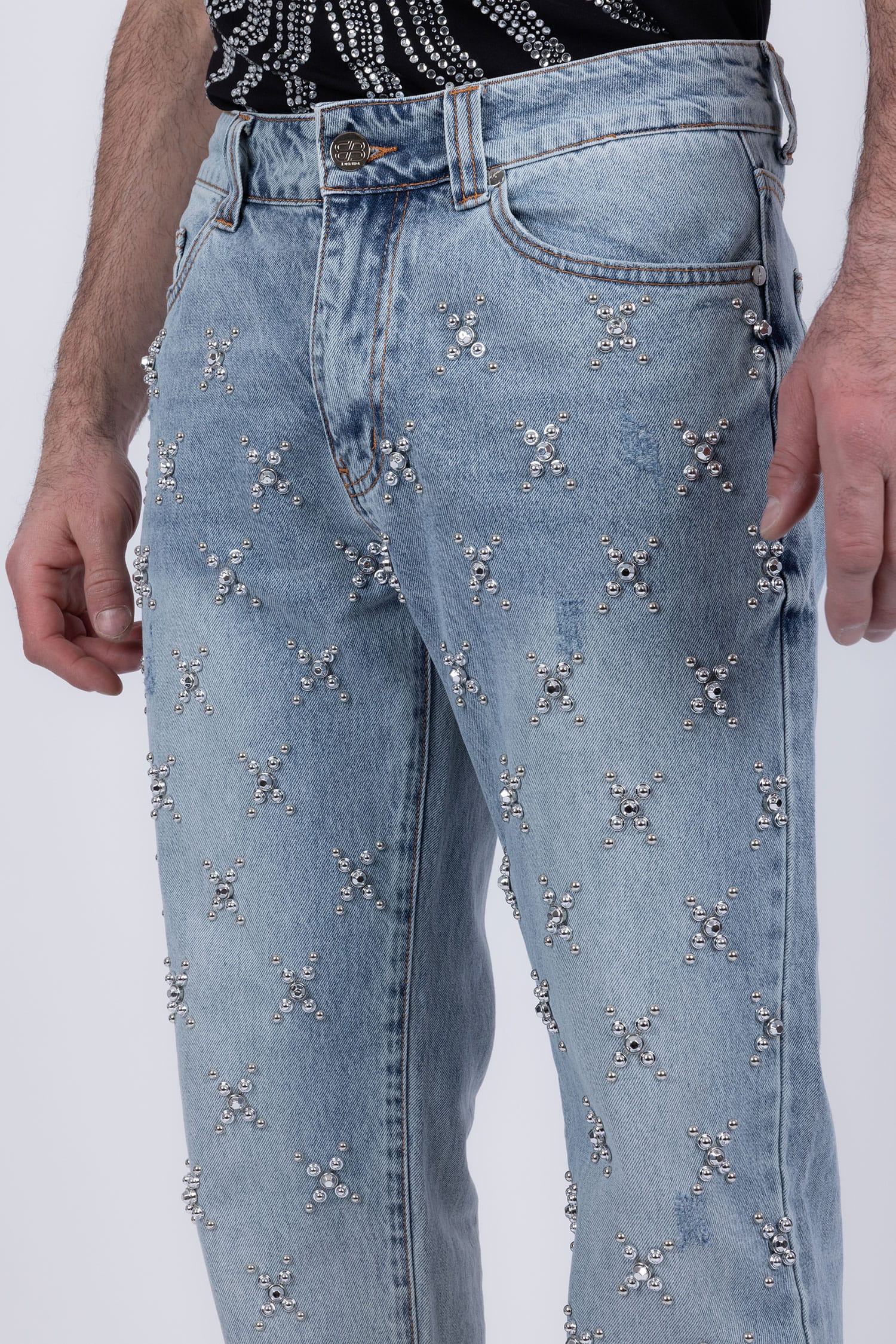 Barabas Men's Sparkly Rhinestone Stud Design Denim Jeans 6ED01 Light Blue Bronze