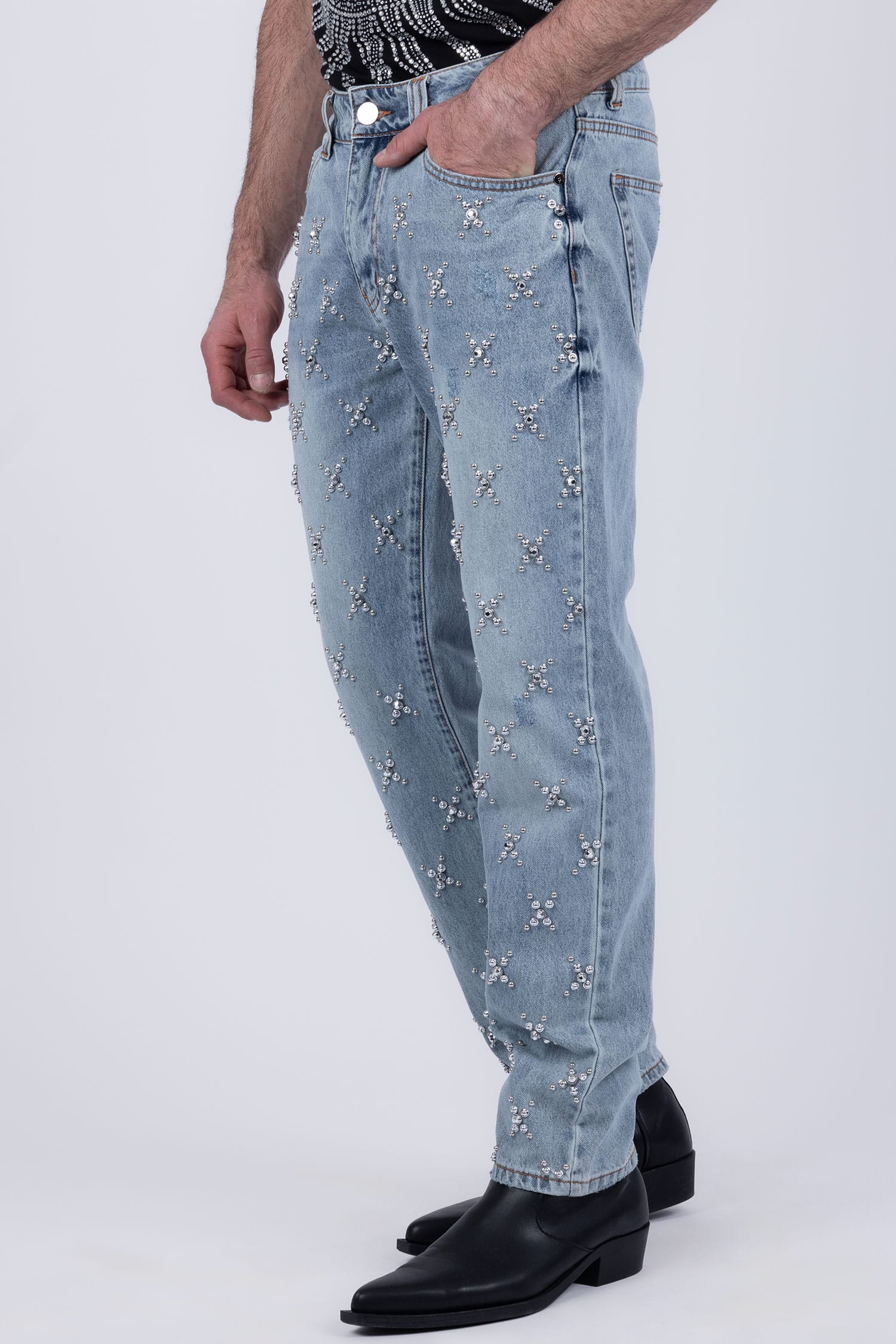 Barabas Men's Sparkly Rhinestone Stud Design Denim Jeans 6ED01 Light Blue