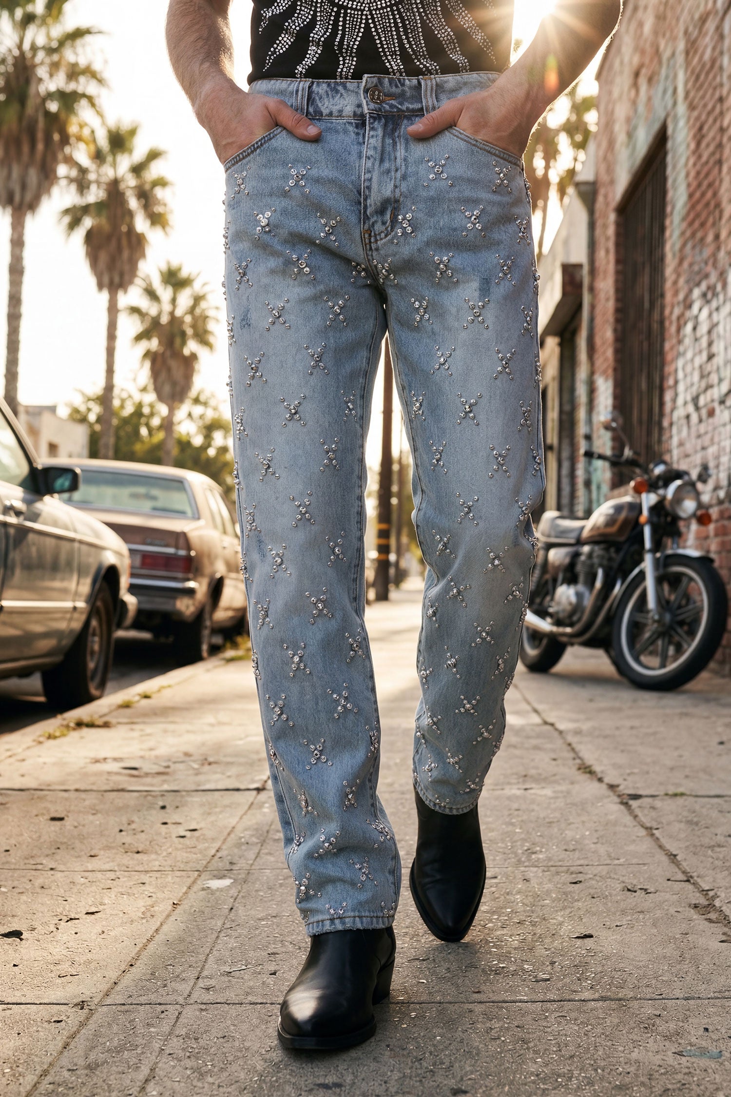 Barabas Men's Sparkly Rhinestone Stud Design Denim Jeans 6ED01 Blue