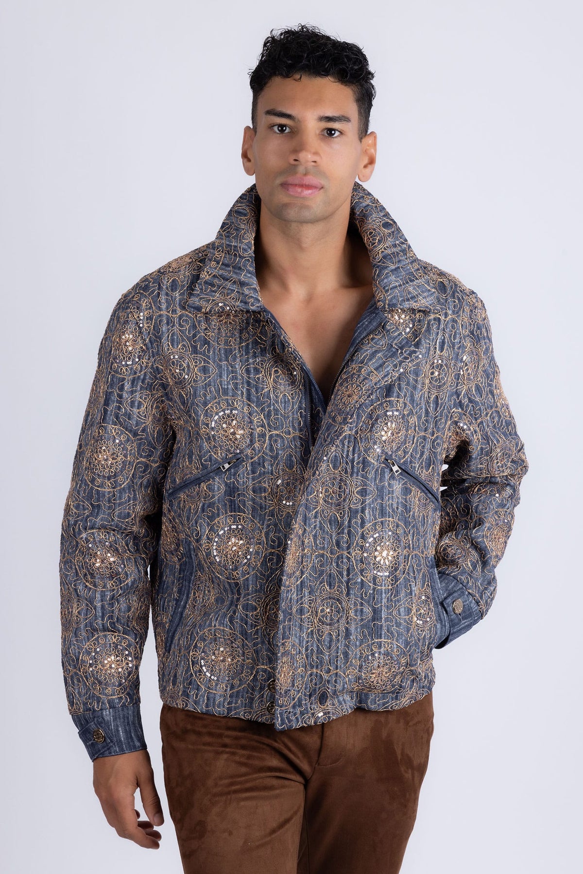 Barabas Vintage Mosaic Sequins Western Denim Jacket 6EJJ01 Blue Gold