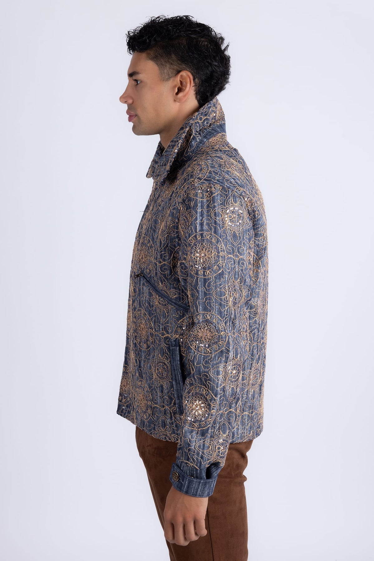 Barabas Vintage Mosaic Sequins Western Denim Jacket 6EJJ01 Blue Gold
