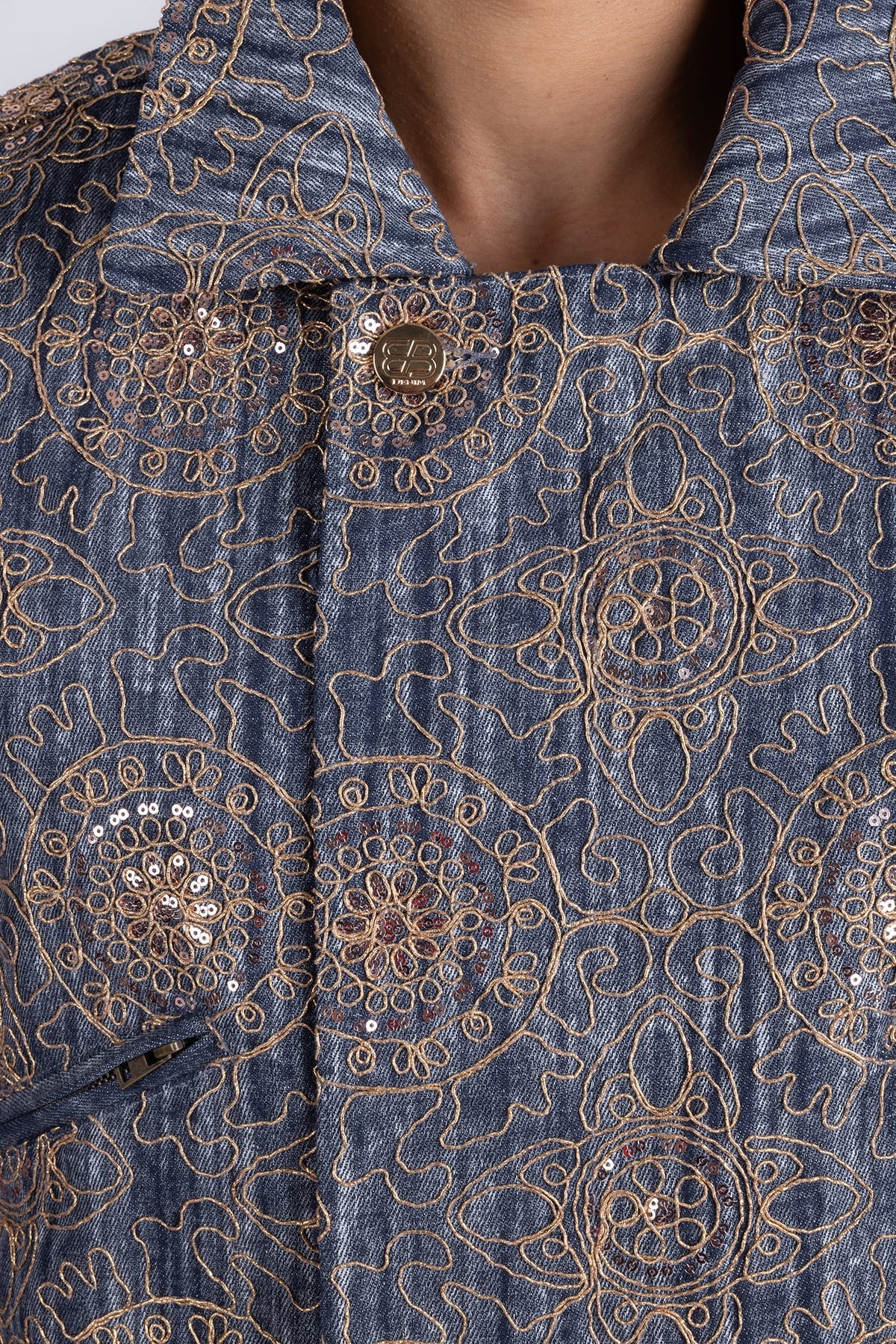 Barabas Vintage Mosaic Sequins Western Denim Jacket 6EJJ01 Blue Gold