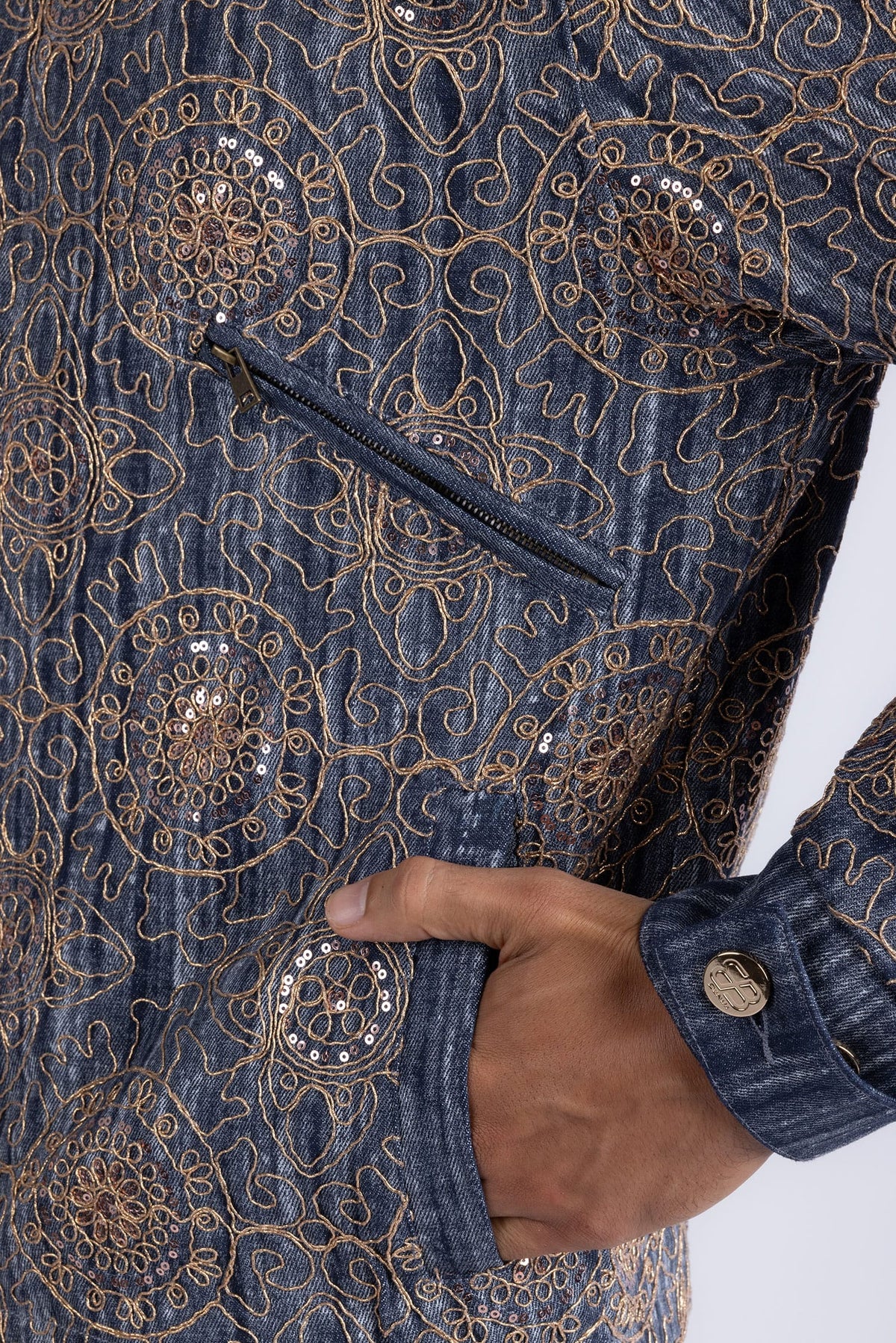 Barabas Vintage Mosaic Sequins Western Denim Jacket 6EJJ01 Blue Gold