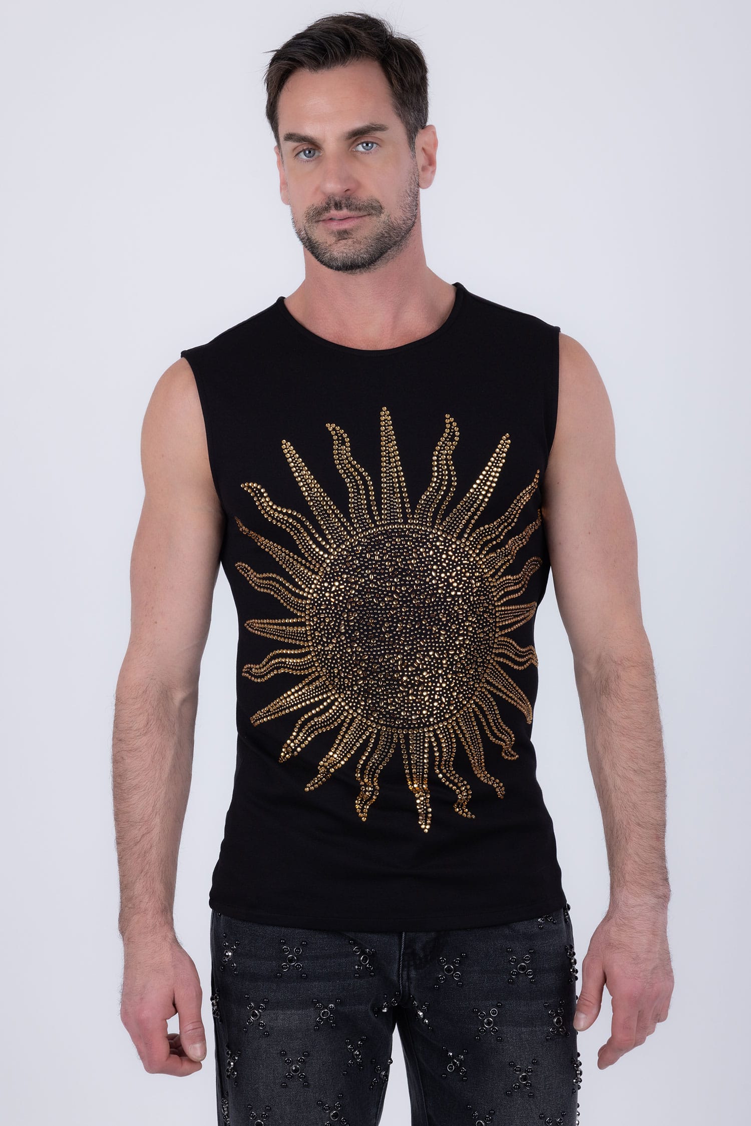 Barabas Men's Rhinestone Sun Rays Stretch Sleeveless Shirt 6ESL03 Black Gold