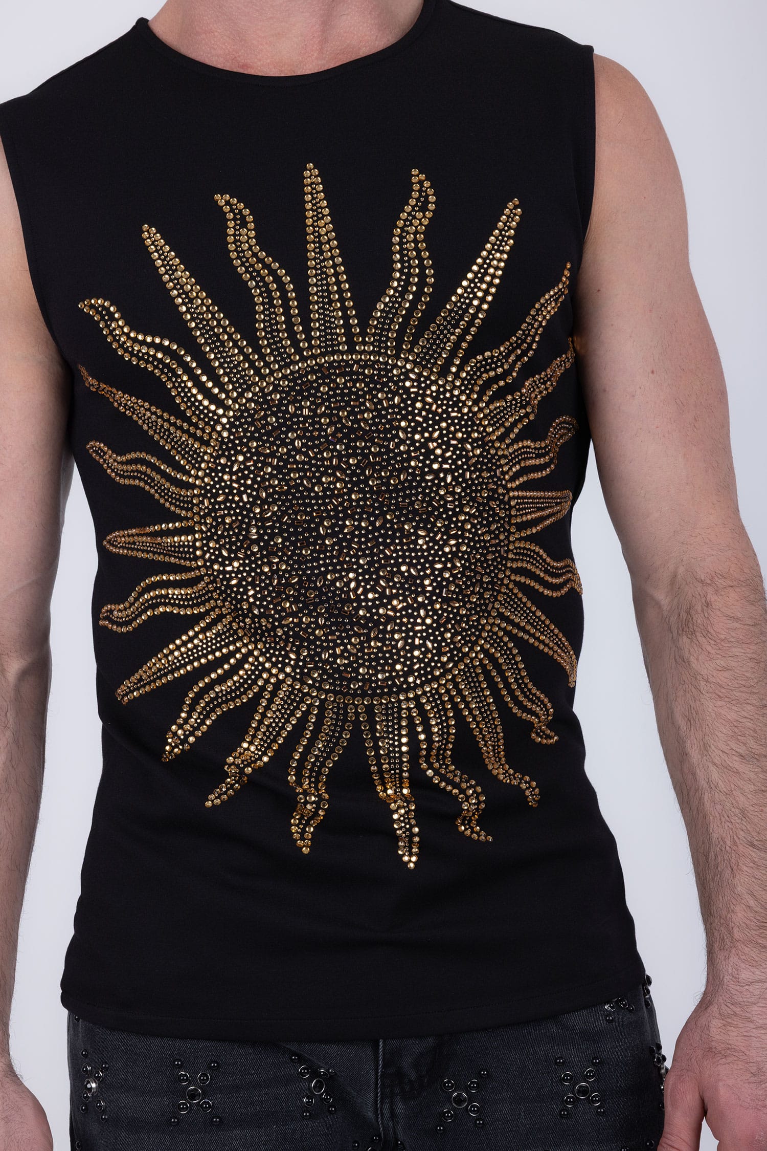 Barabas Men's Rhinestone Sun Rays Stretch Sleeveless Shirt 6ESL03 Gold
