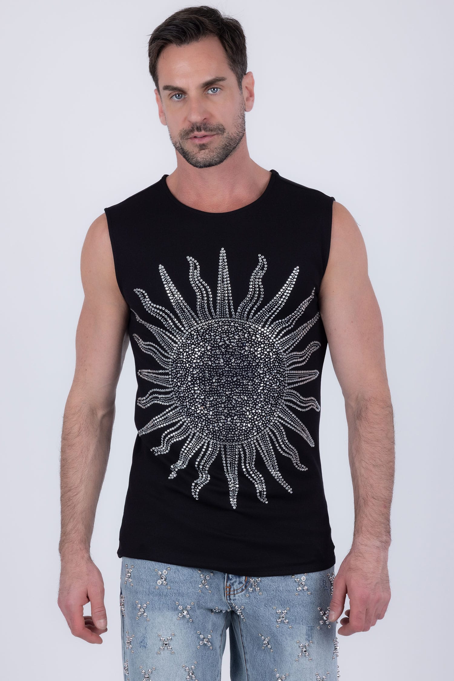 Barabas Men's Rhinestone Sun Rays Stretch Sleeveless Shirt 6ESL03 Black Silver