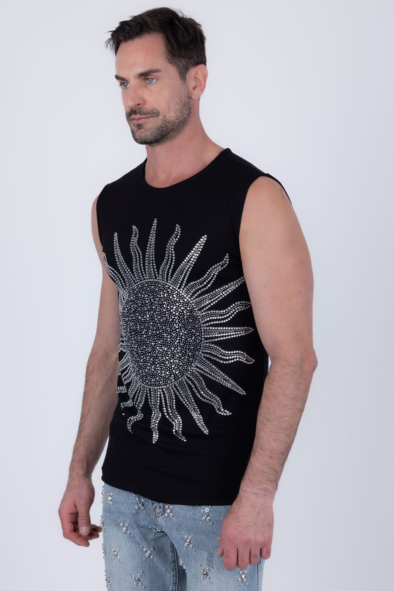 Barabas Men's Rhinestone Sun Rays Stretch Sleeveless Shirt 6ESL03 Black