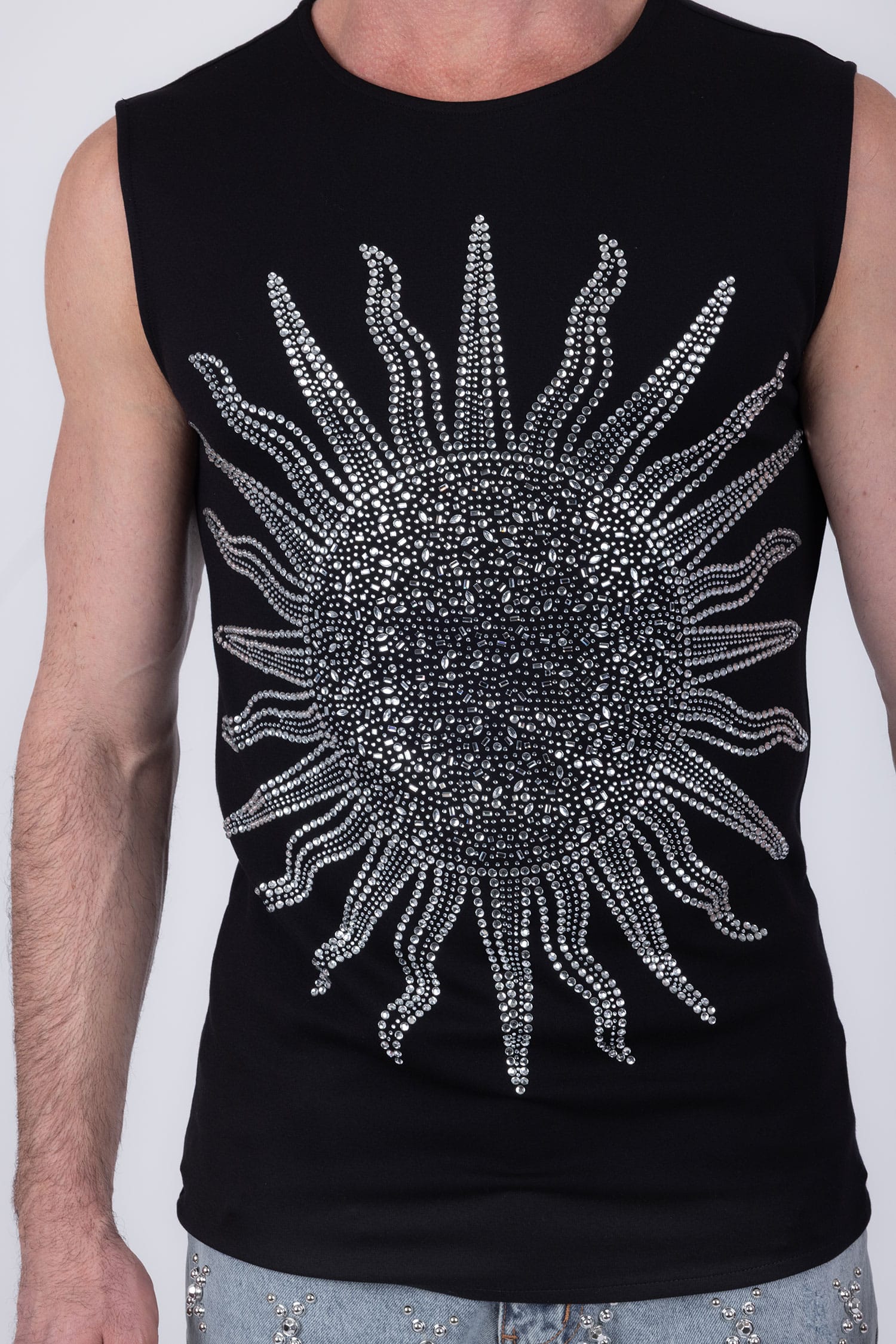 Barabas Men's Rhinestone Sun Rays Stretch Sleeveless Shirt 6ESL03 Silver