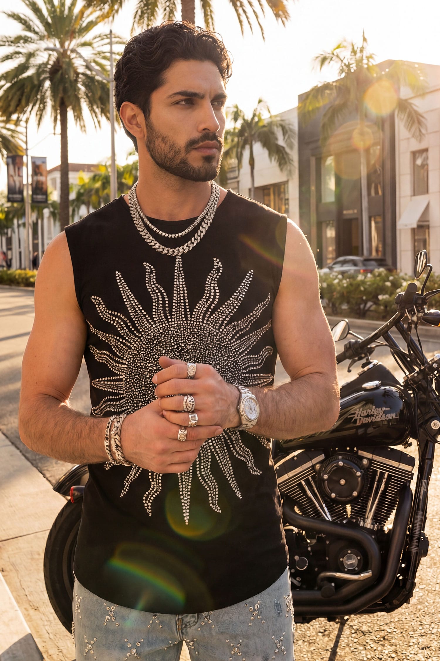 Barabas Men's Rhinestone Sun Rays Stretch Sleeveless Shirt 6ESL03 Black Silver