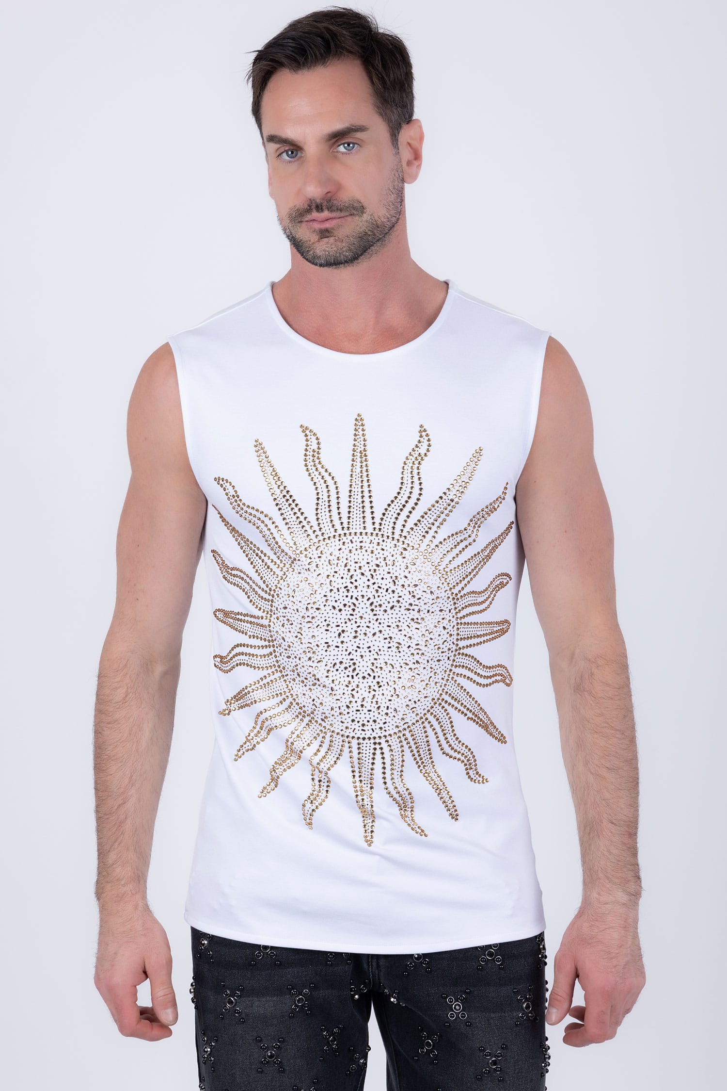 Barabas Men's Rhinestone Sun Rays Stretch Sleeveless Shirt 6ESL03 White Gold