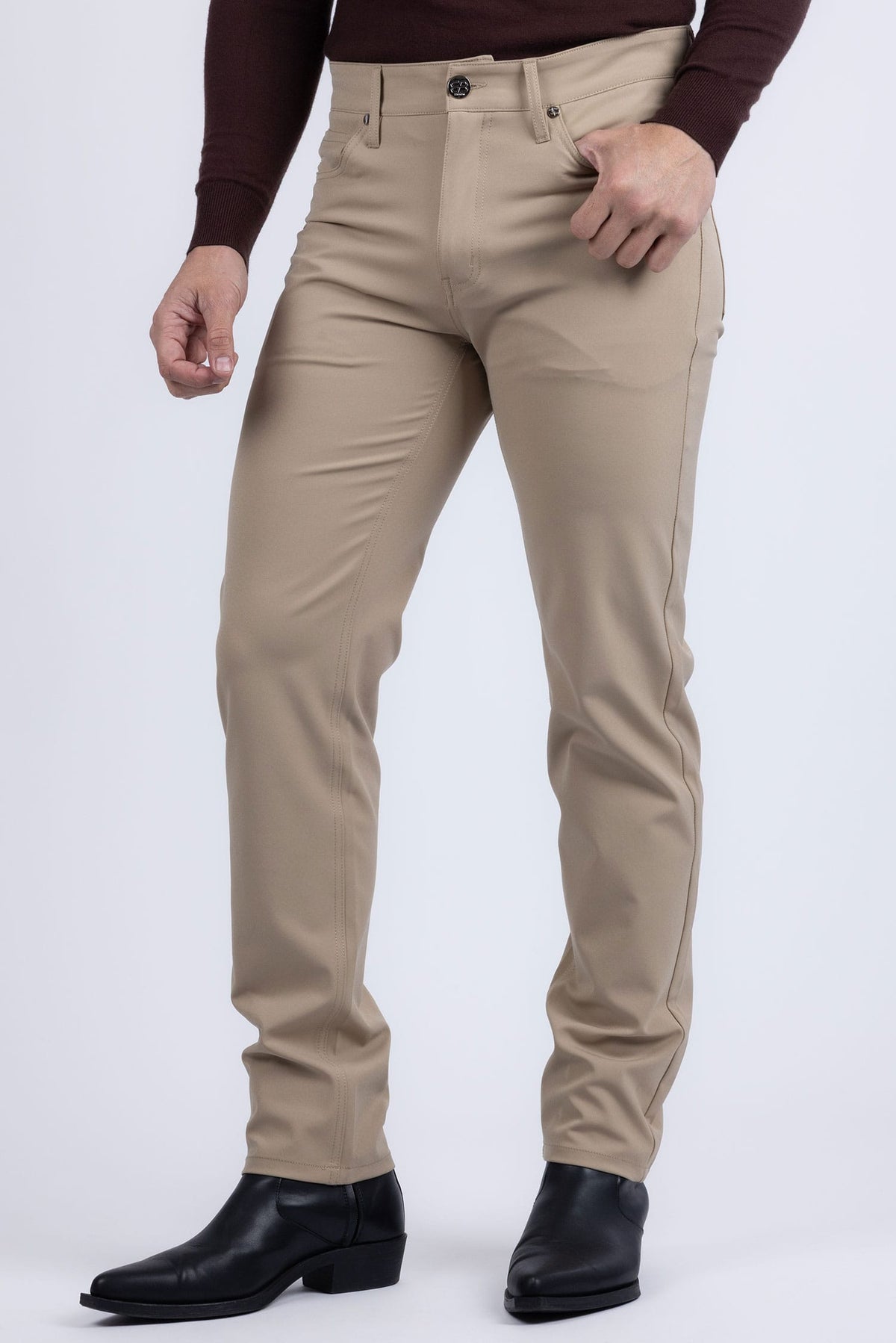 Barabas Men's Solid Color Stretch Long Belt Hoop Casual Pants 6ESN01 Taupe