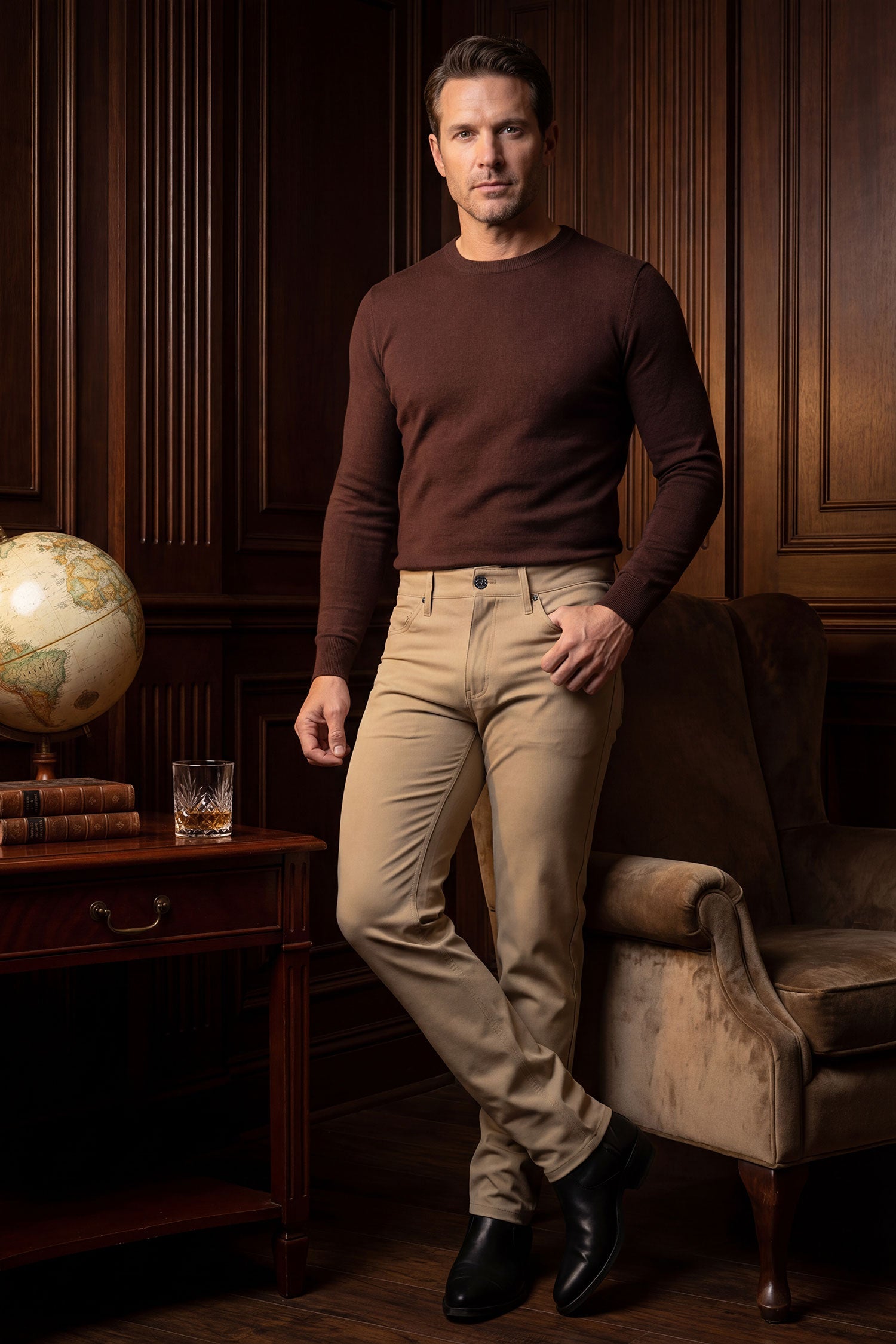 Barabas Men's Solid Color Stretch Long Belt Hoop Casual Pants 6ESN01 Taupe