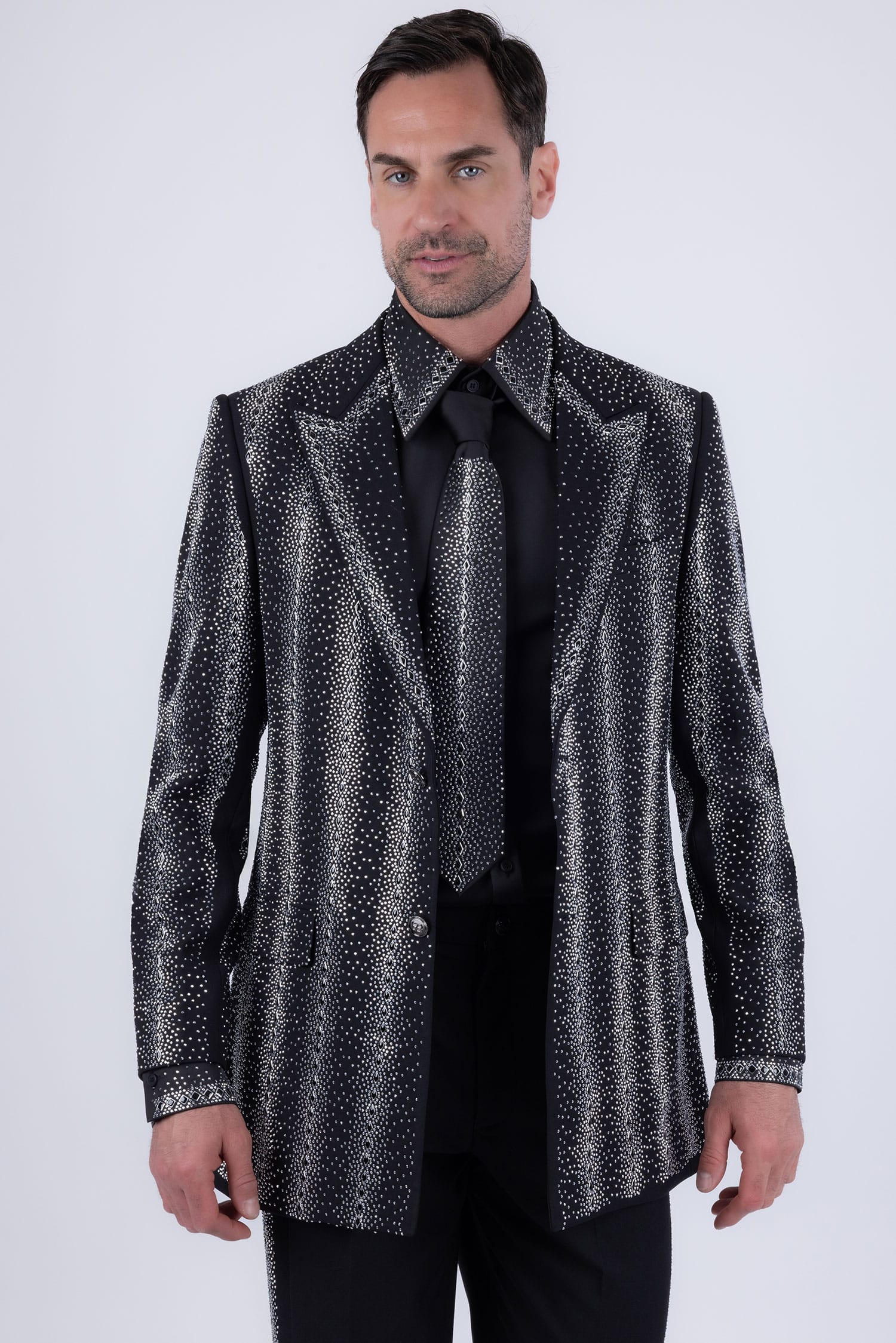 Barabas Men's Rhinestone Geometric Peak Lapel Suit 6ESU12 Black