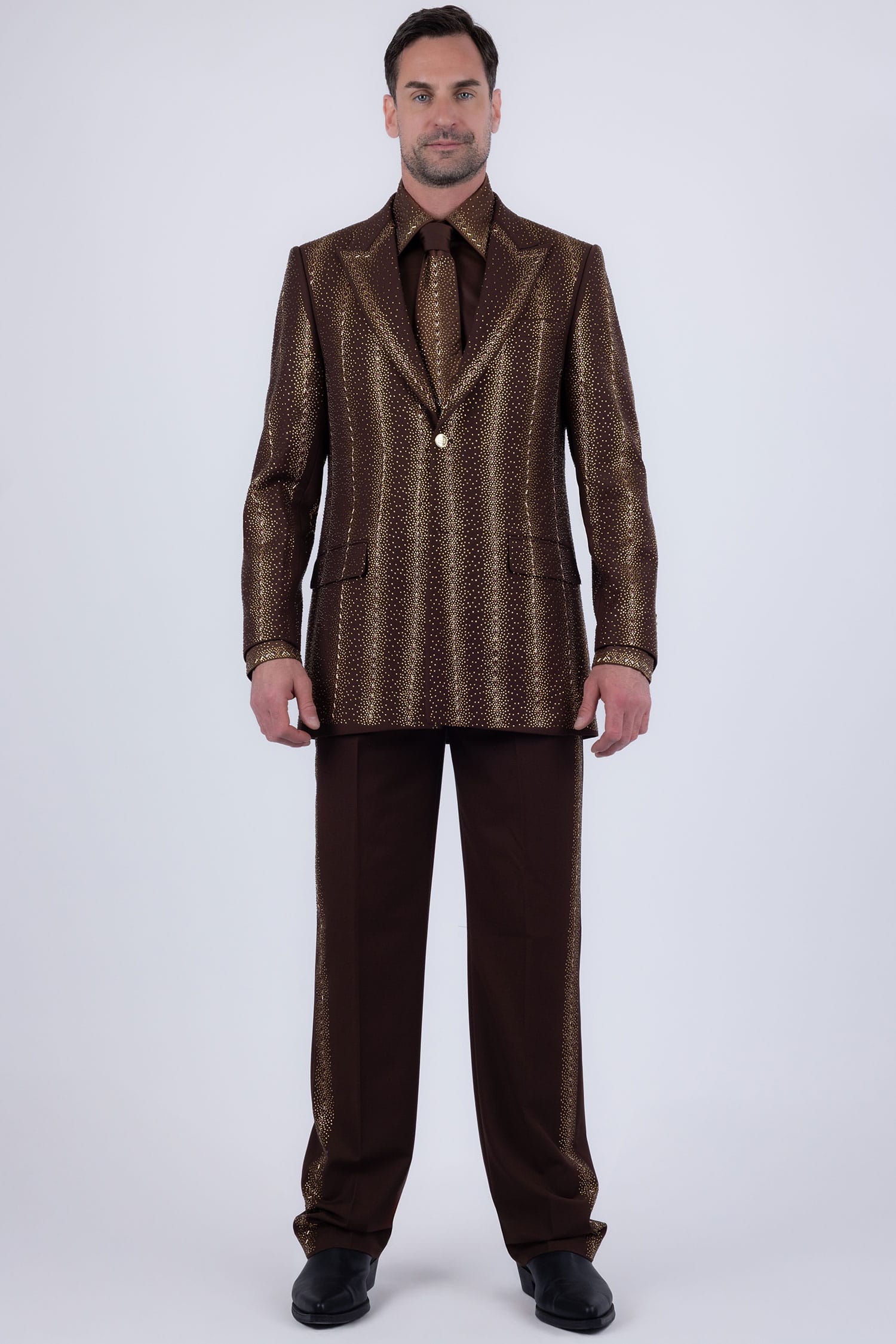 Barabas Men's Rhinestone Geometric Peak Lapel Suit 6ESU12 Brown