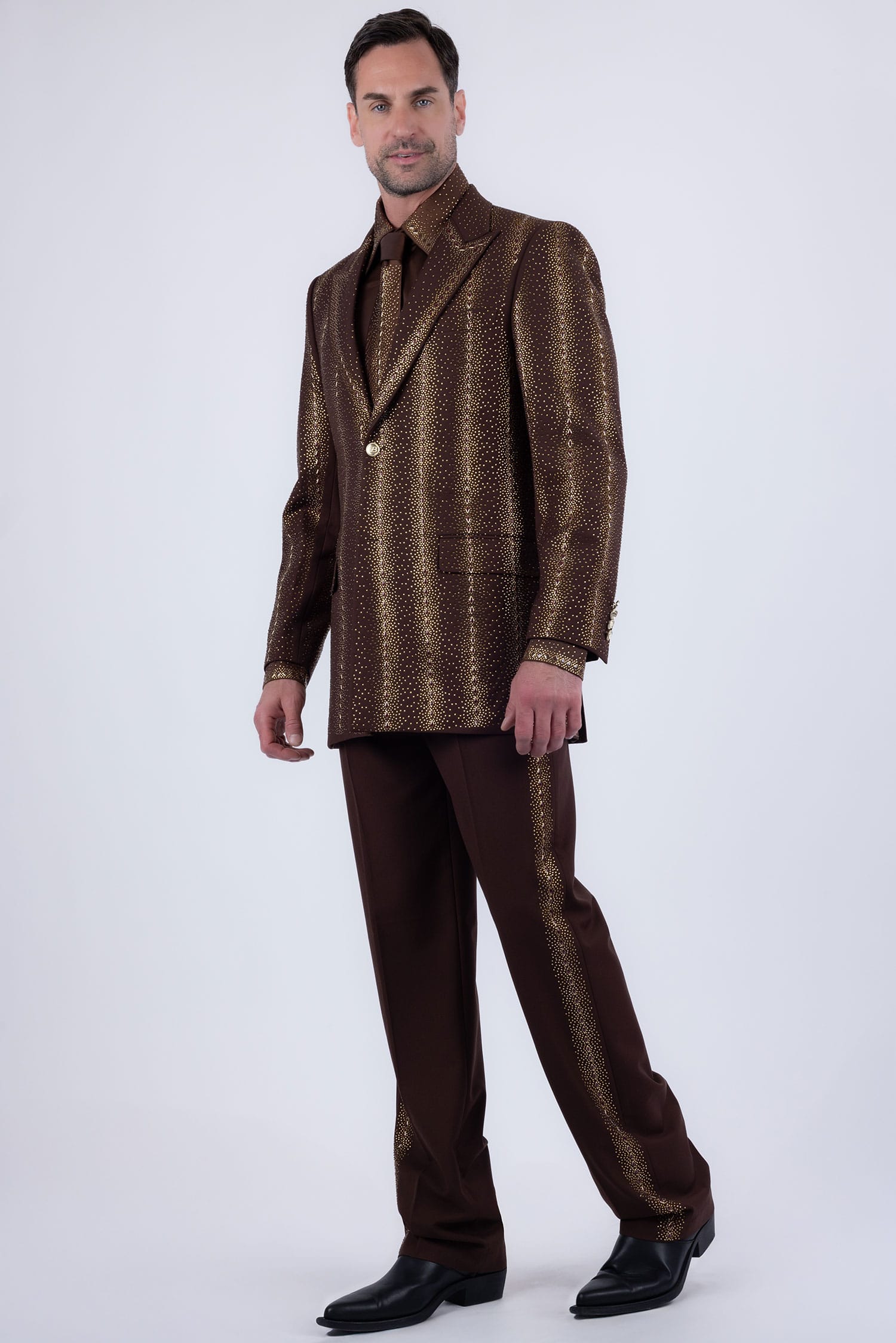 Barabas Men's Rhinestone Geometric Peak Lapel Suit 6ESU12 Gold Brown