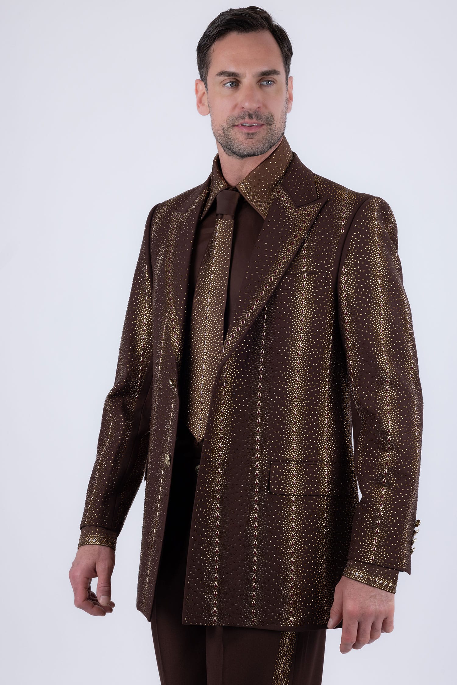 Barabas Men's Rhinestone Geometric Peak Lapel Suit 6ESU12 Gold