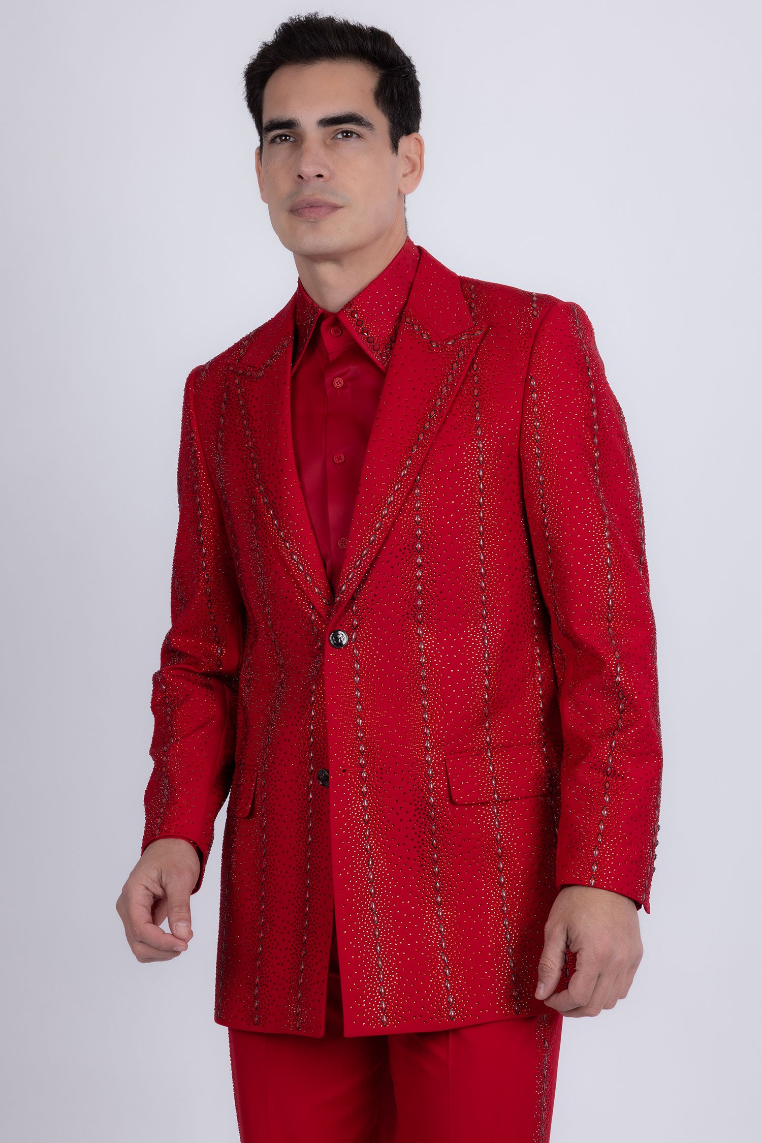 Barabas Men's Rhinestone Geometric Peak Lapel Suit 6ESU12 Red