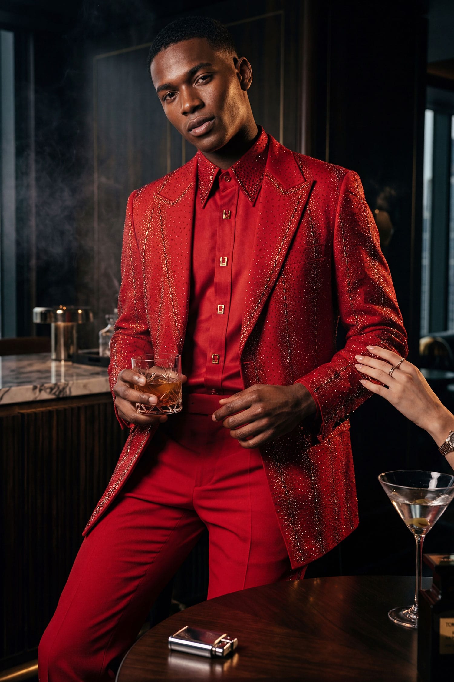 Barabas Men's Rhinestone Geometric Peak Lapel Suit 6ESU12 Red
