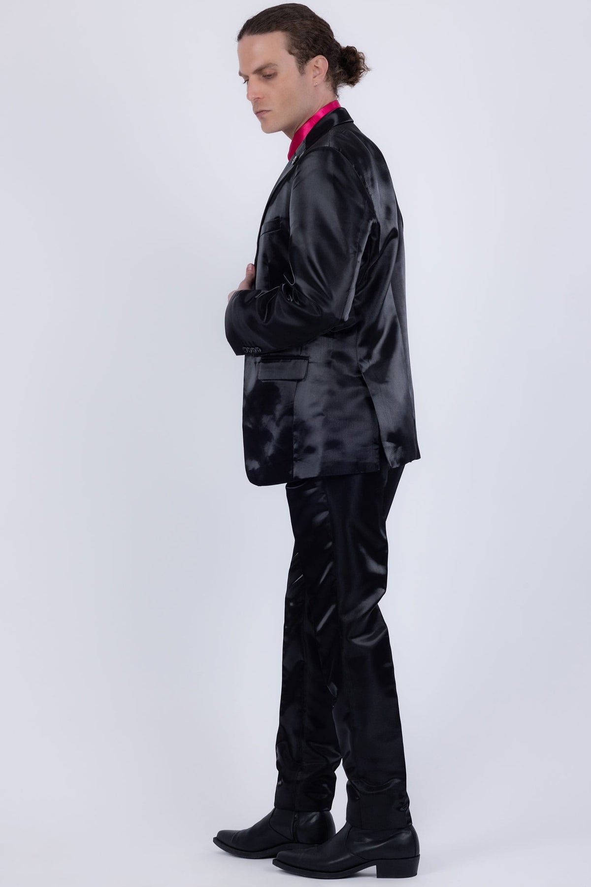Barabas Men's Shiny Satin Look Notch Shawl Lapel Suit 6ESU15 Black