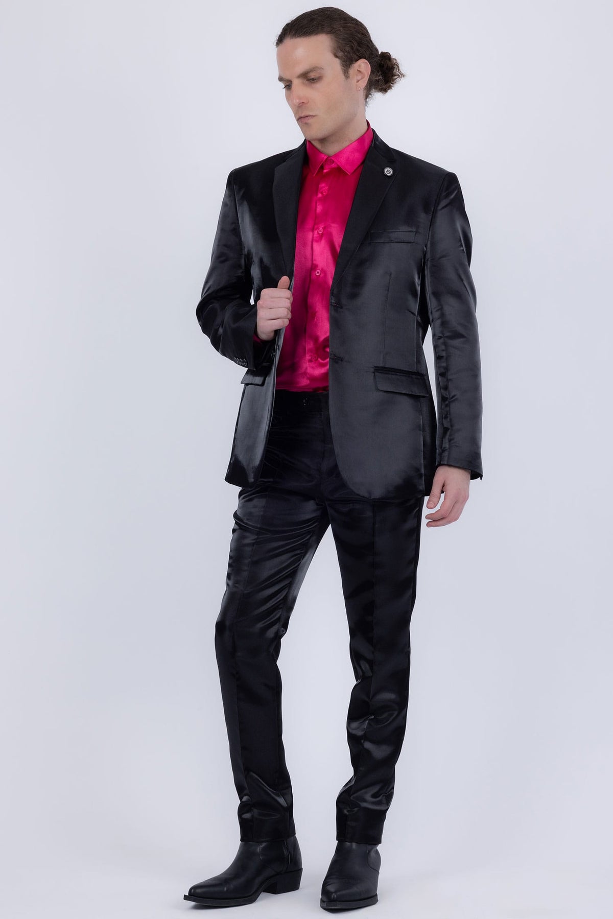 Barabas Men's Shiny Satin Look Notch Shawl Lapel Suit 6ESU15 Black