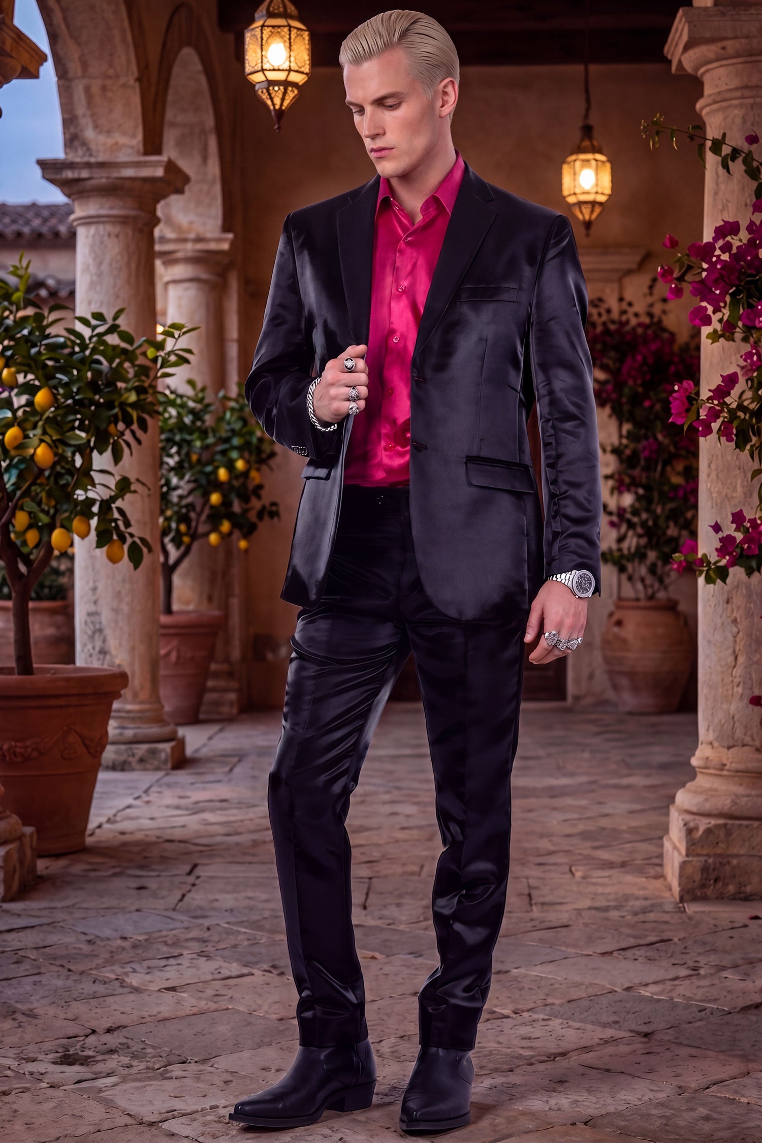 Barabas Men's Shiny Satin Look Notch Shawl Lapel Suit 6ESU15 Black