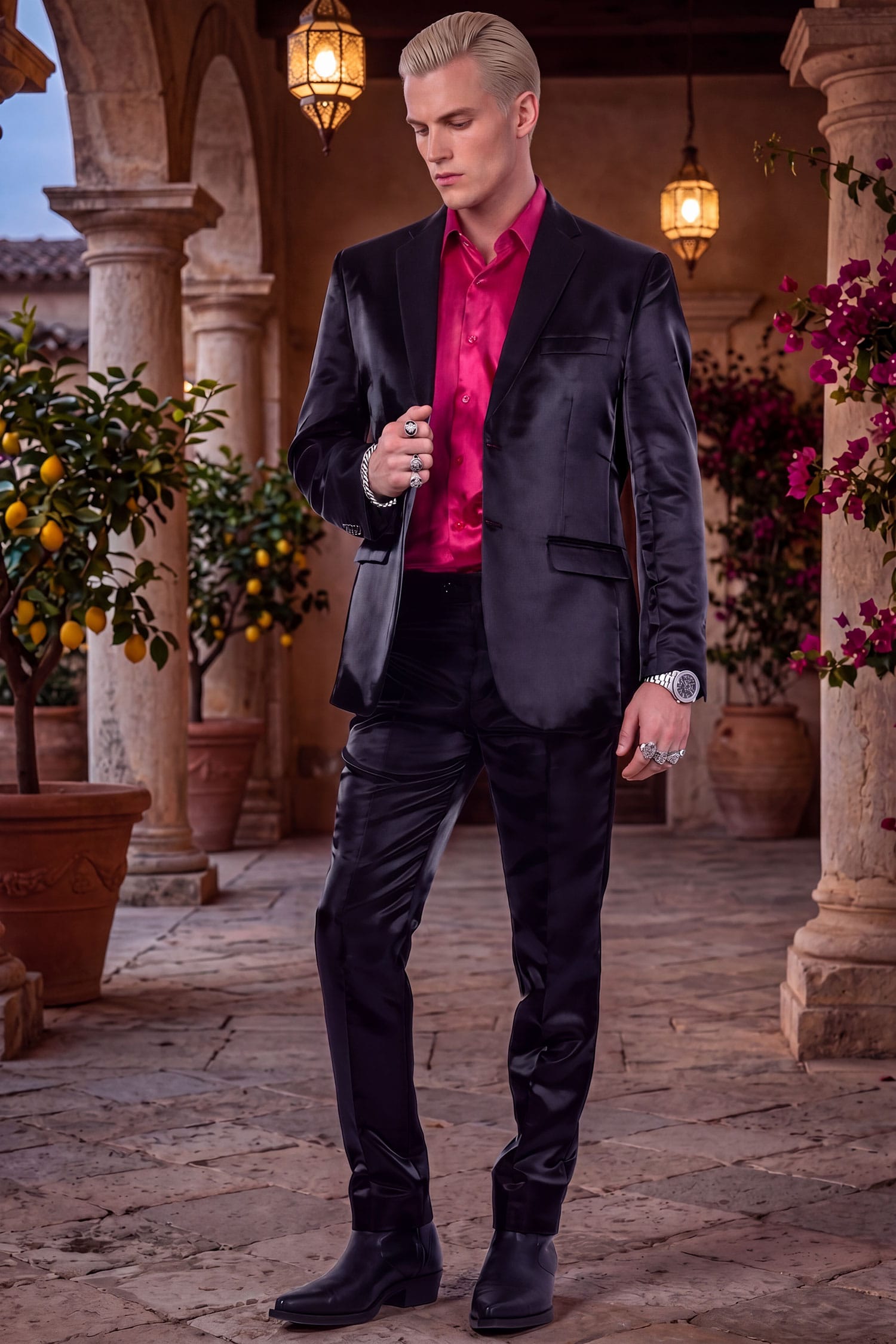 Barabas Men's Shiny Satin Look Notch Shawl Lapel Suit 6ESU15 Black