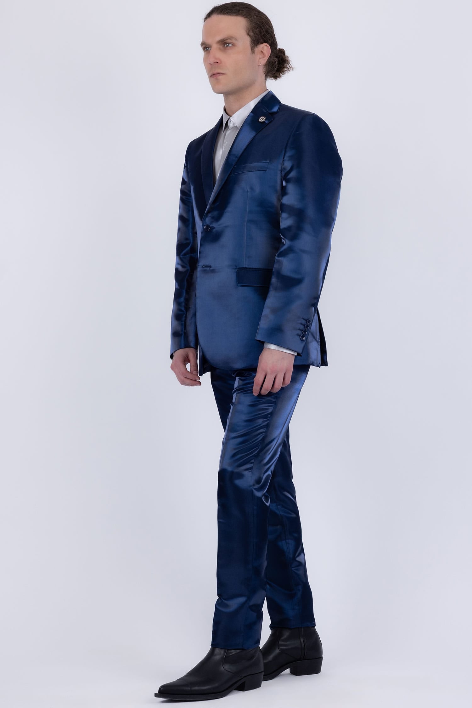 Barabas Men's Shiny Satin Look Notch Shawl Lapel Suit 6ESU15 Blue