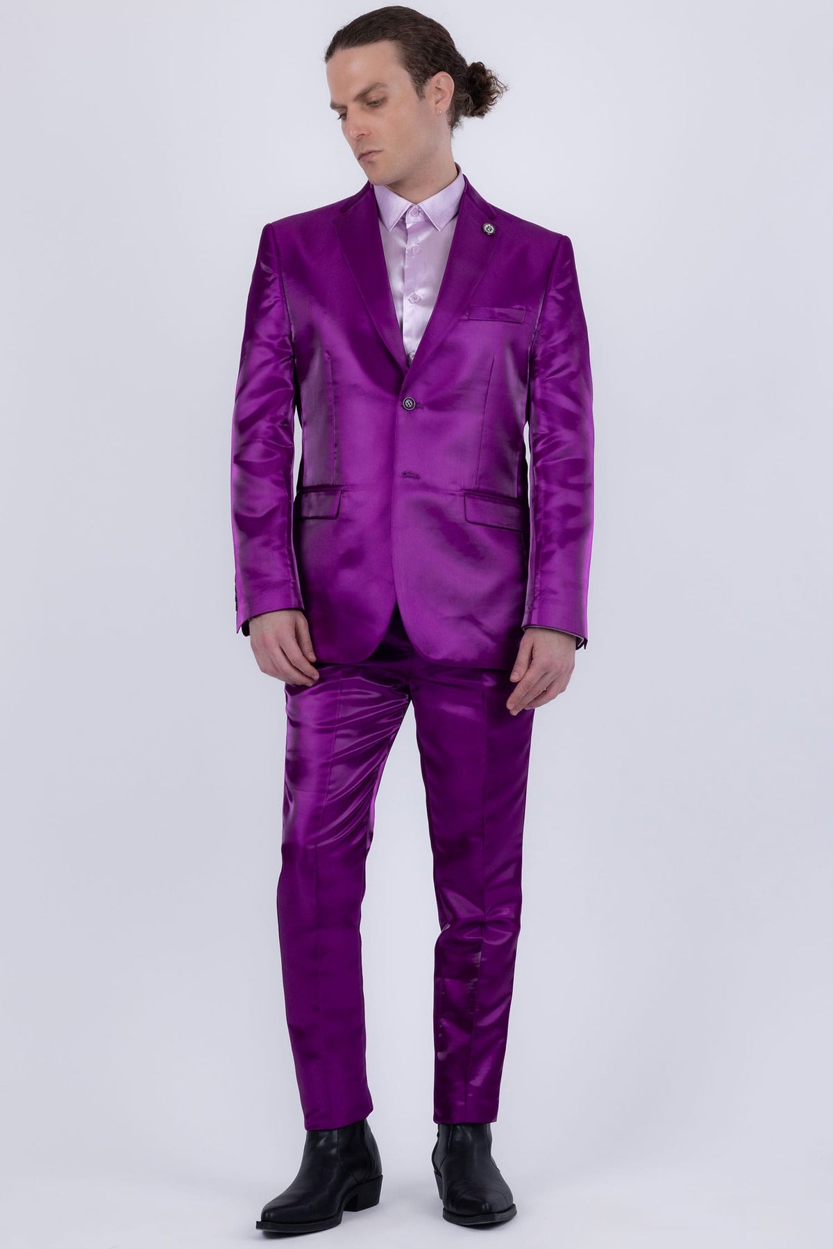 Barabas Men's Shiny Satin Look Notch Shawl Lapel Suit 6ESU15 Purple