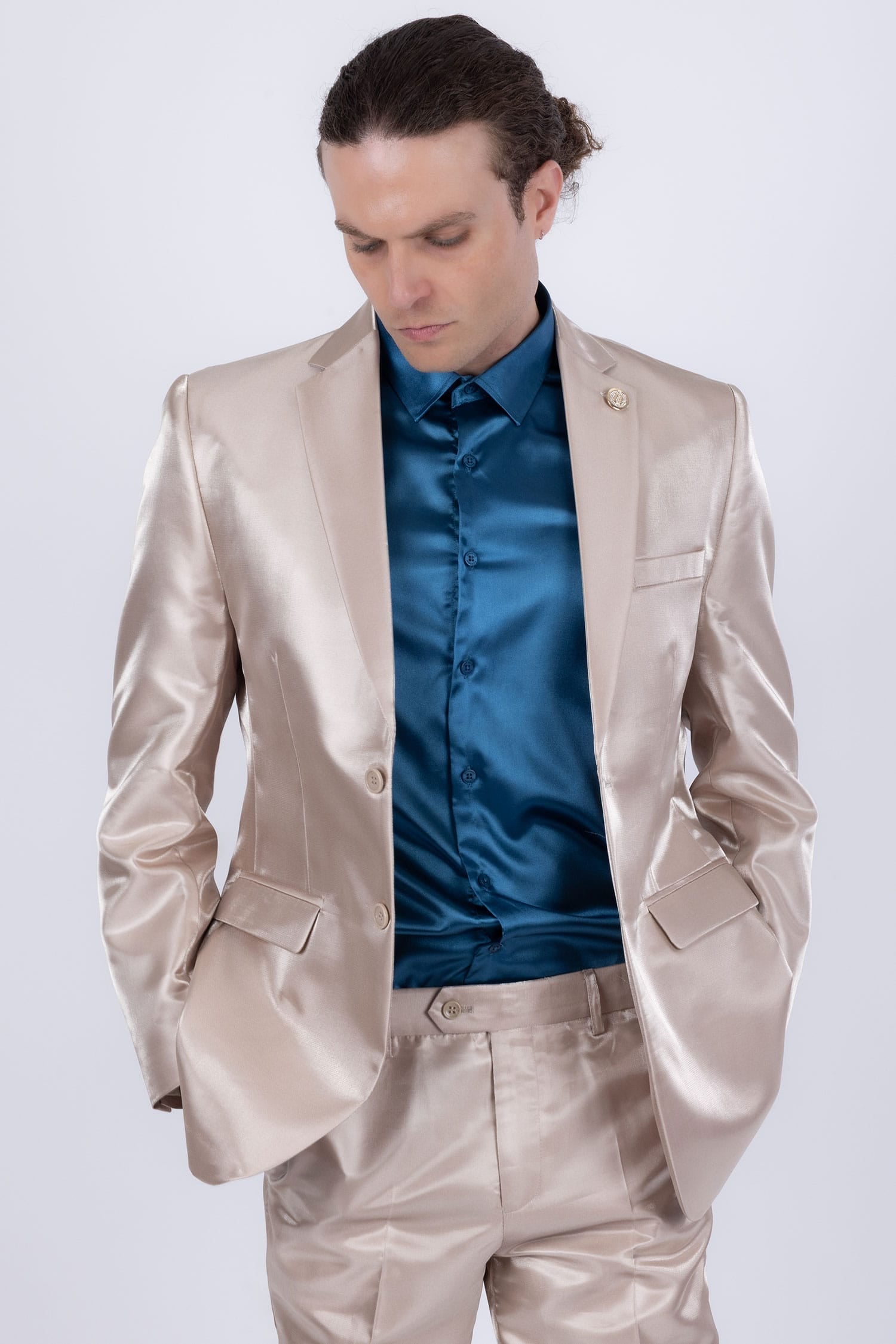Barabas Men's Shiny Satin Look Notch Shawl Lapel Suit 6ESU15 Tan