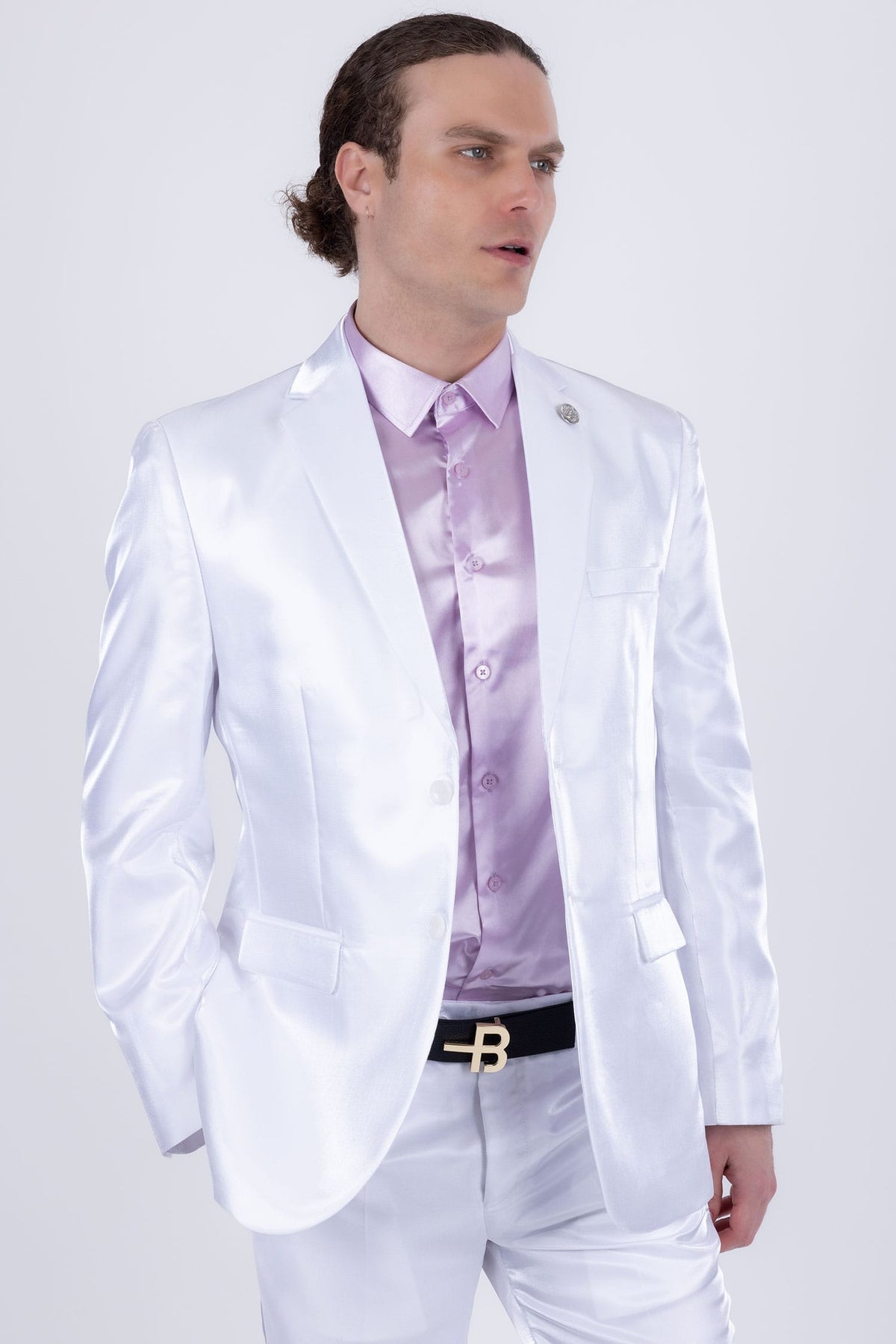Barabas Men's Shiny Satin Look Notch Shawl Lapel Suit 6ESU15 White