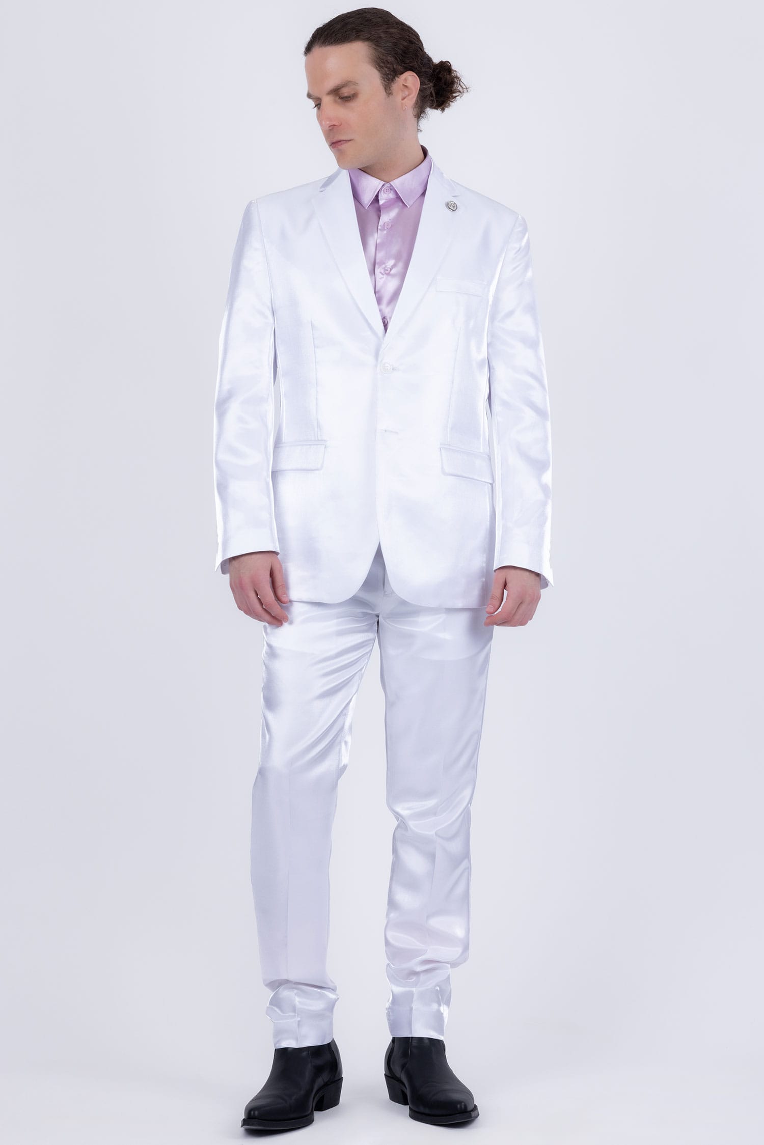 Barabas Men's Shiny Satin Look Notch Shawl Lapel Suit 6ESU15 White