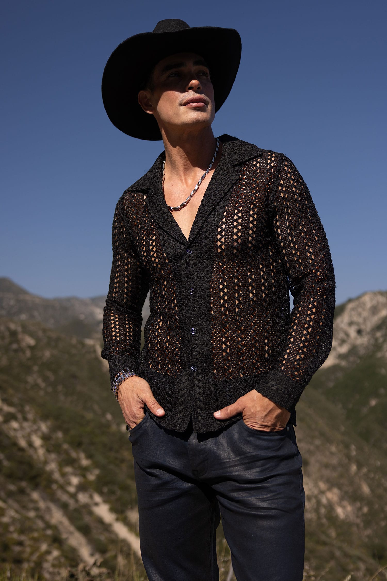 Barabas Men's See Through Knitted Breathable Long Sleeve Shirt 6KNB01 Black