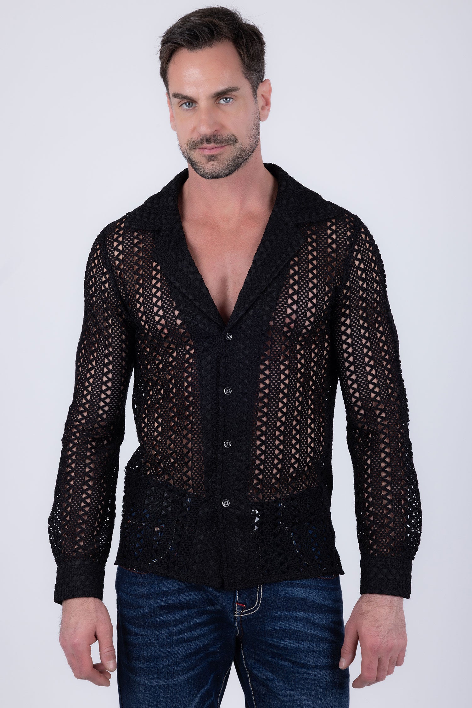 Barabas Men's See Through Knitted Breathable Long Sleeve Shirt 6KNB01 Black