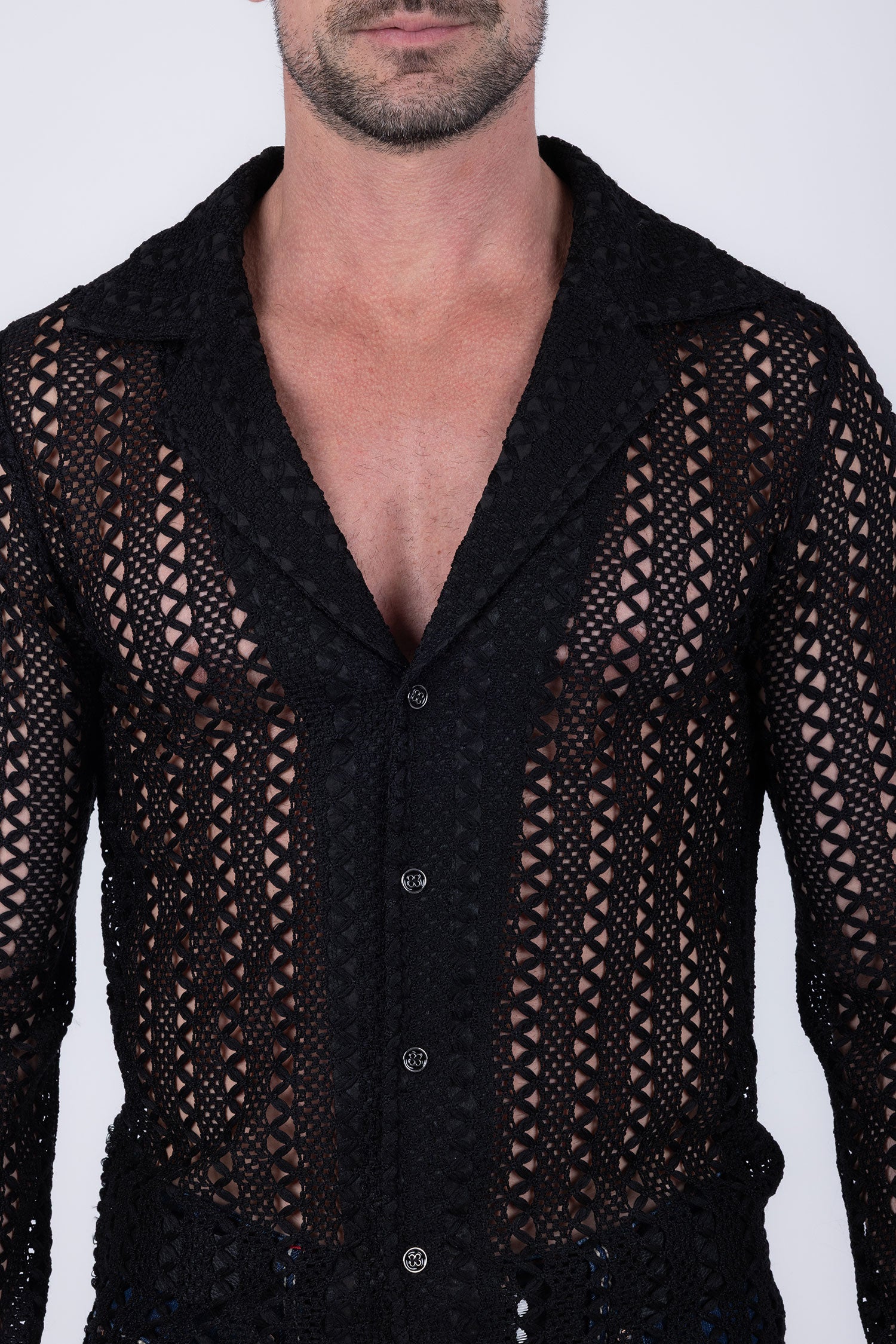 Barabas Men's See Through Knitted Breathable Long Sleeve Shirt 6KNB01 Black
